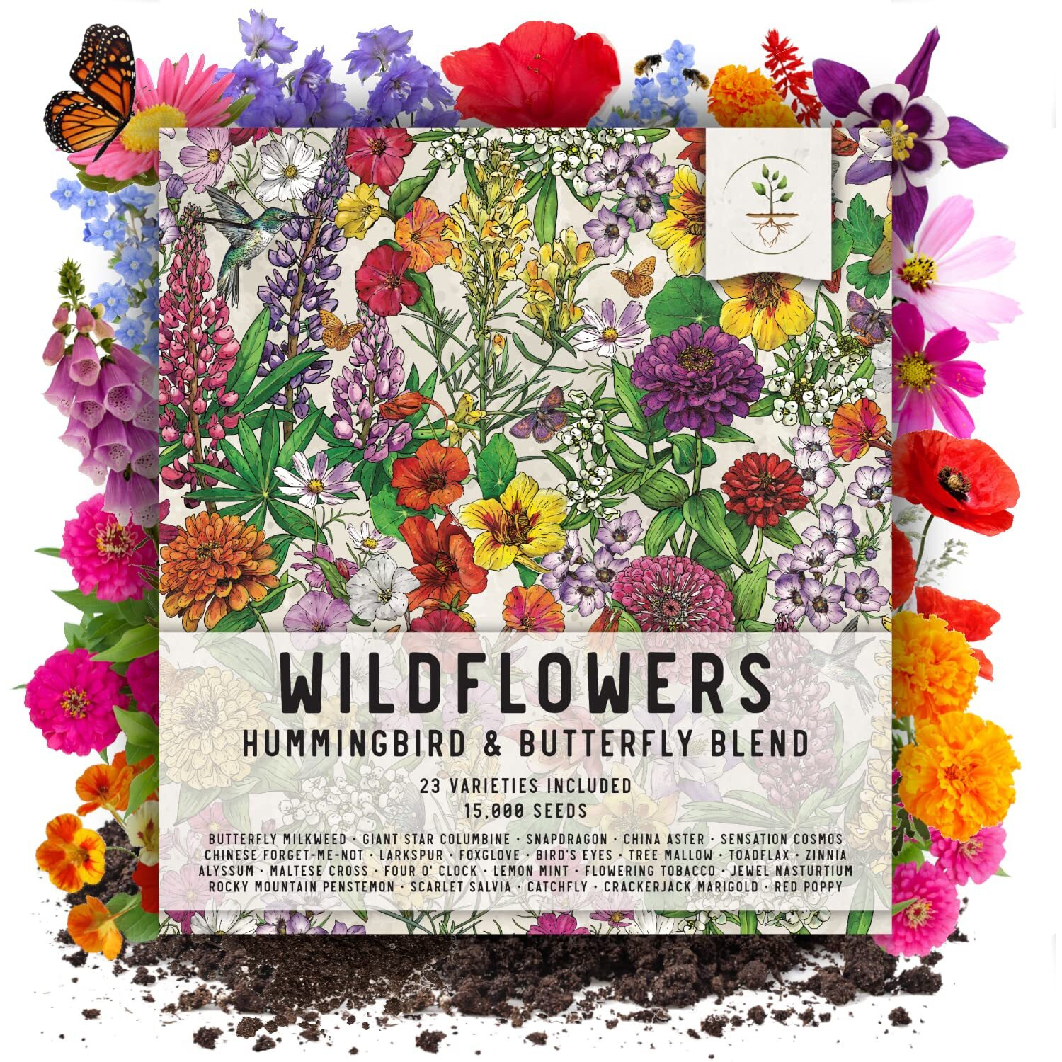 Seed Needs, 15,000+ Hummingbird And Butterfly Seed Mixture For Planting (99% Pure Live Seed - No Filler) 20+ Varieties, Annual Perennial - Bulk