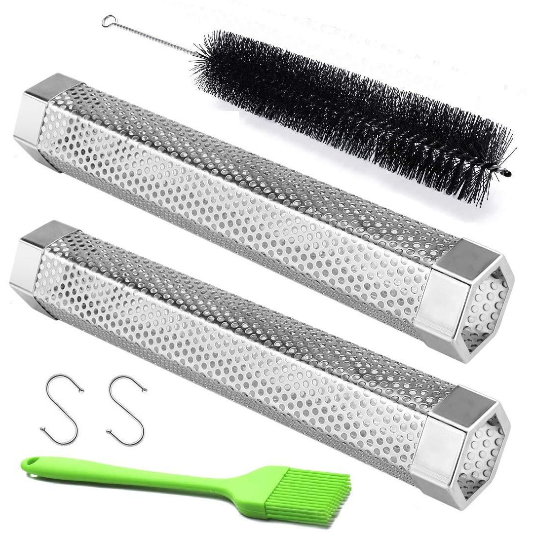 Pellet Smoker Tube, 2 Pack 12'' Stainless Steel Bbq Wood Pellet Tube Smoker With 2 Hooks And 2 Brushes For Cold/Hot Smoking