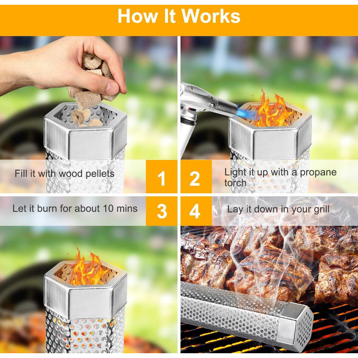 Pellet Smoker Tube, 2 Pack 12'' Stainless Steel Bbq Wood Pellet Tube Smoker With 2 Hooks And 2 Brushes For Cold/Hot Smoking