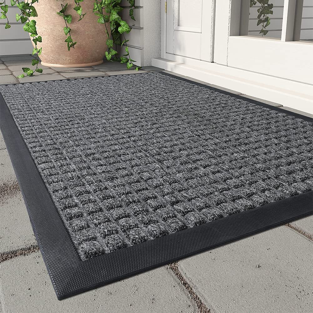 Montvoo-Front Door Mat Outside Entrance Doormat-Outdoor Indoor Door Mat For Entryway-Welcome Mat Thick Durable Rubber Backed Door Entry Rug Non Slip Dirt Trapper Absorbent-Grey 24X36