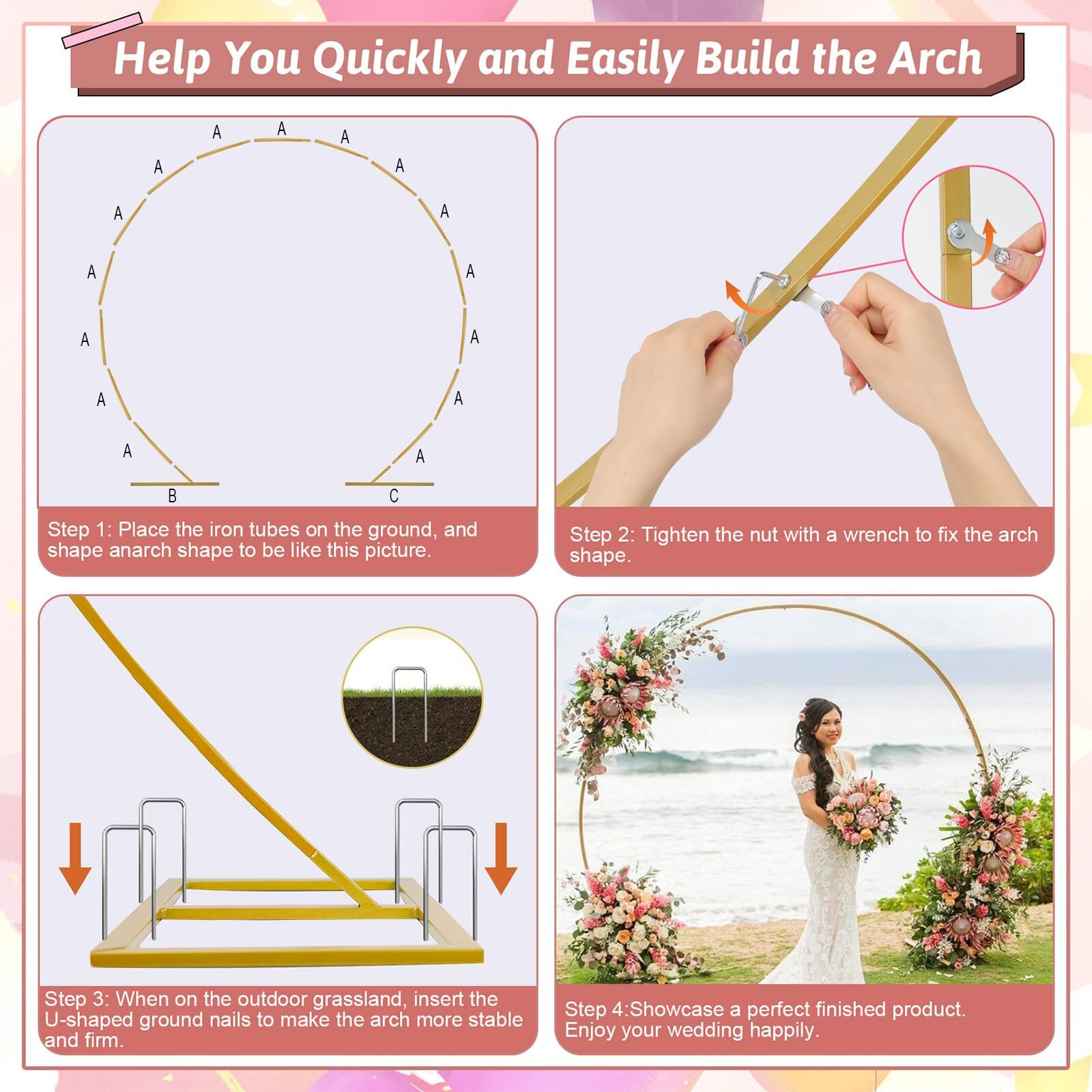 Kusamue Balloon Arch Stand Kit, 8.2Ft (2.5M) Metal Round Backdrop Stand Frame Set Half Circle Gold Balloon Arch For Birthday Party Baby Shower Wedding Graduation Decoration (Golden)