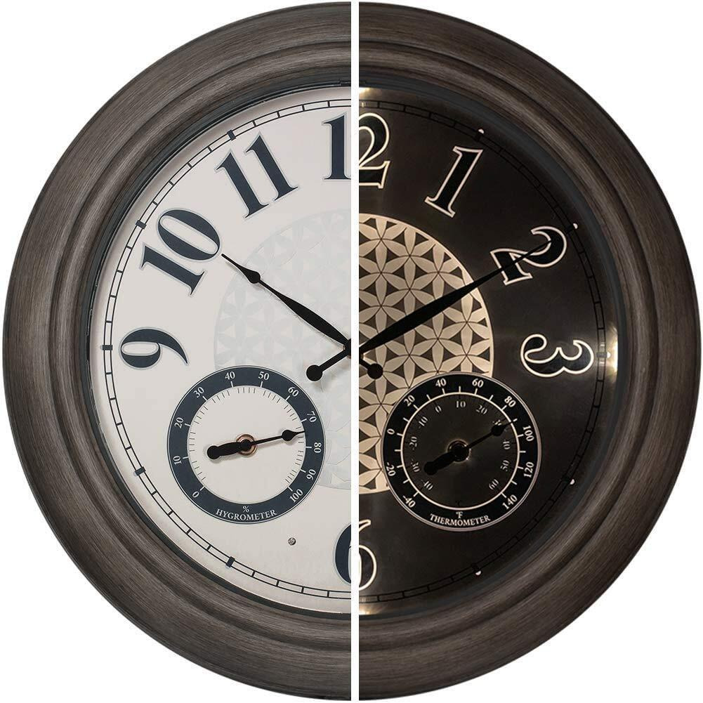 Presentime & Co 18"" Farmhouse Outdoor Luminous Clock With Weather Thermometer & Hygrometer, Weather Station, Night Light With Smart Sensor - Grey Oak Finish, Outdoor Lights & Decoration.