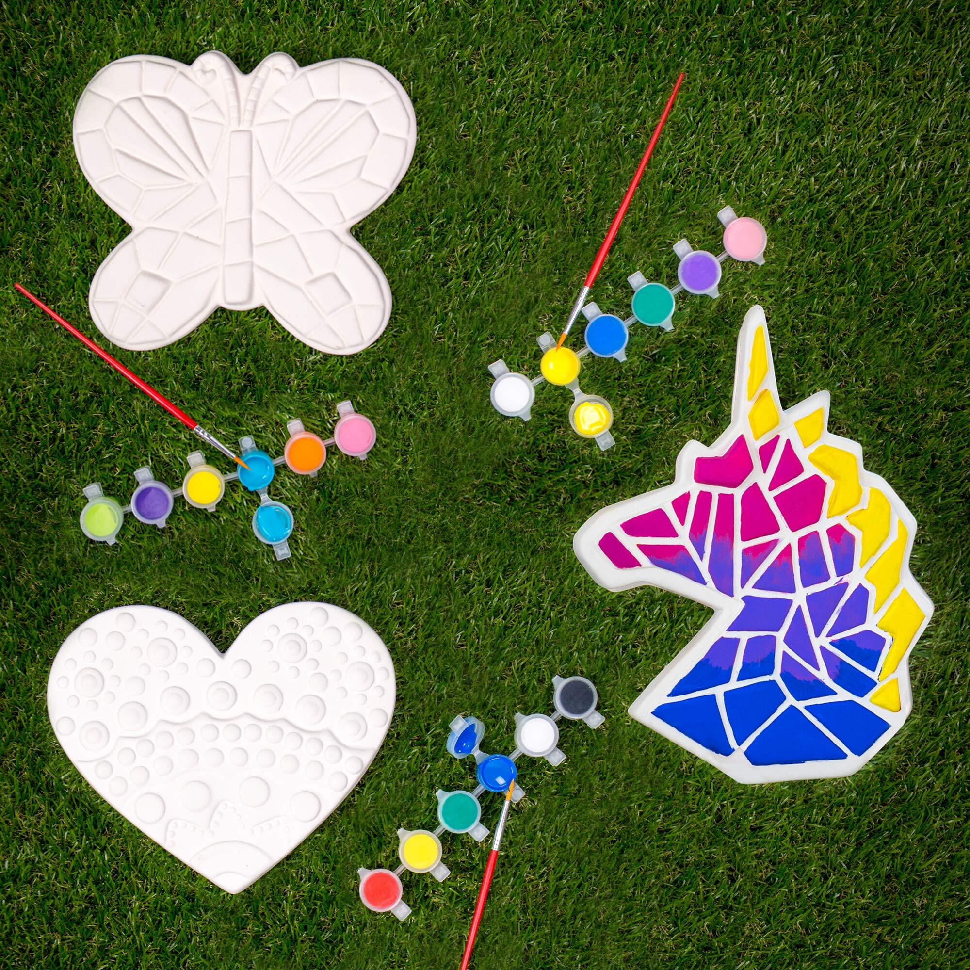Creative Roots Paint Your Own Stepping Stones Multipack With Butterfly, Unicorn & Heart Stepping Stones By Horizon Group Usa, 3 Pack Mystical
