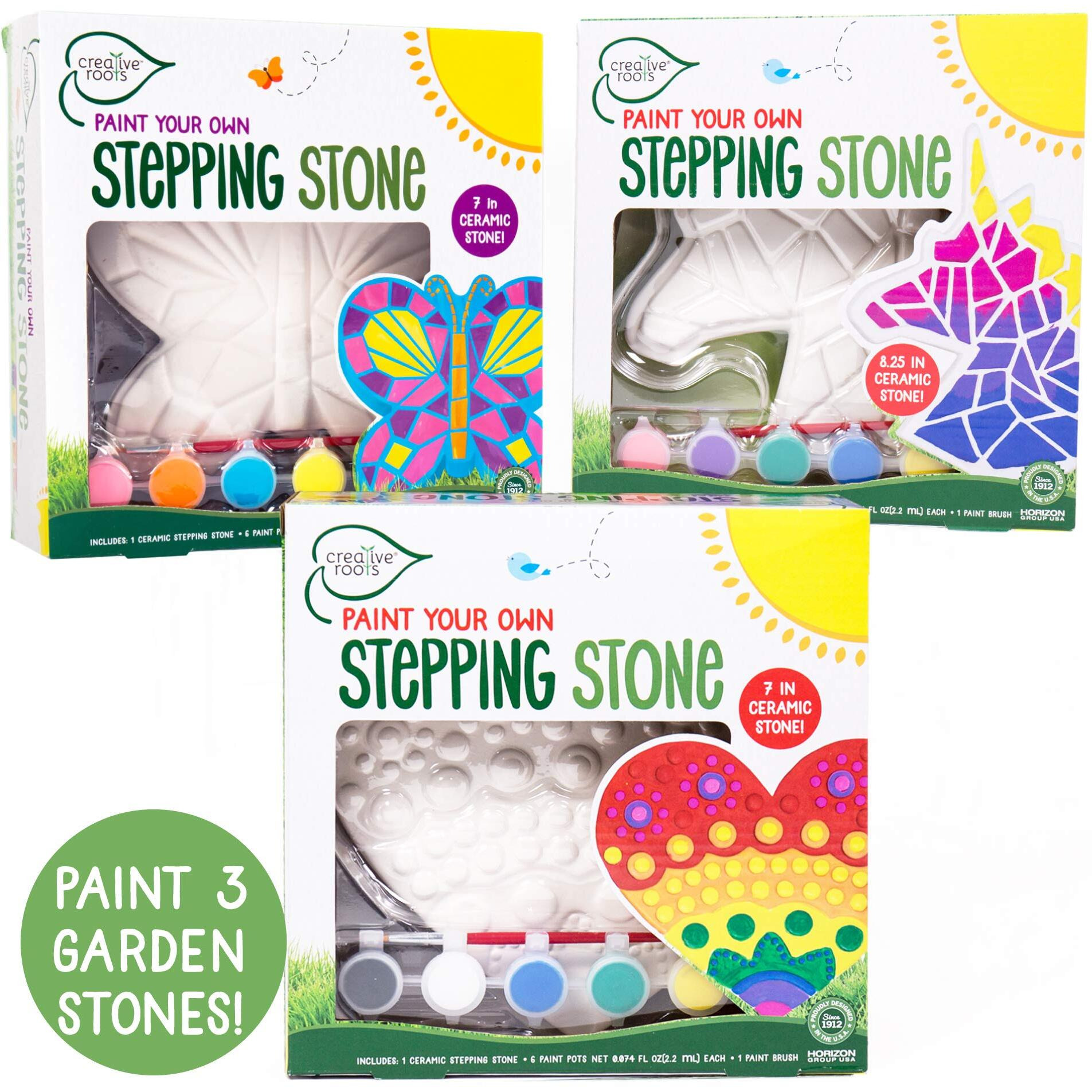 Creative Roots Paint Your Own Stepping Stones Multipack With Butterfly, Unicorn & Heart Stepping Stones By Horizon Group Usa, 3 Pack Mystical