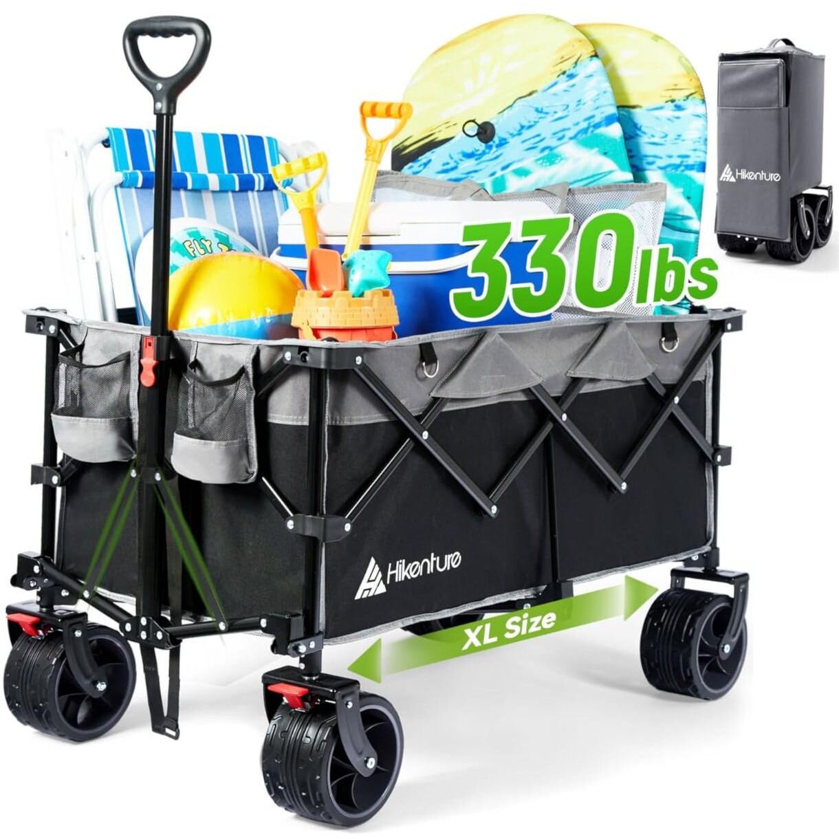 Hikenture Collapsible Wagon Cart, 330Lbs Capacity Beach Wagons With Big Wheels For Sand, Heavy Duty Foldable Cart With Brakes, Portable Utility Folding Garden Cart For Outdoor