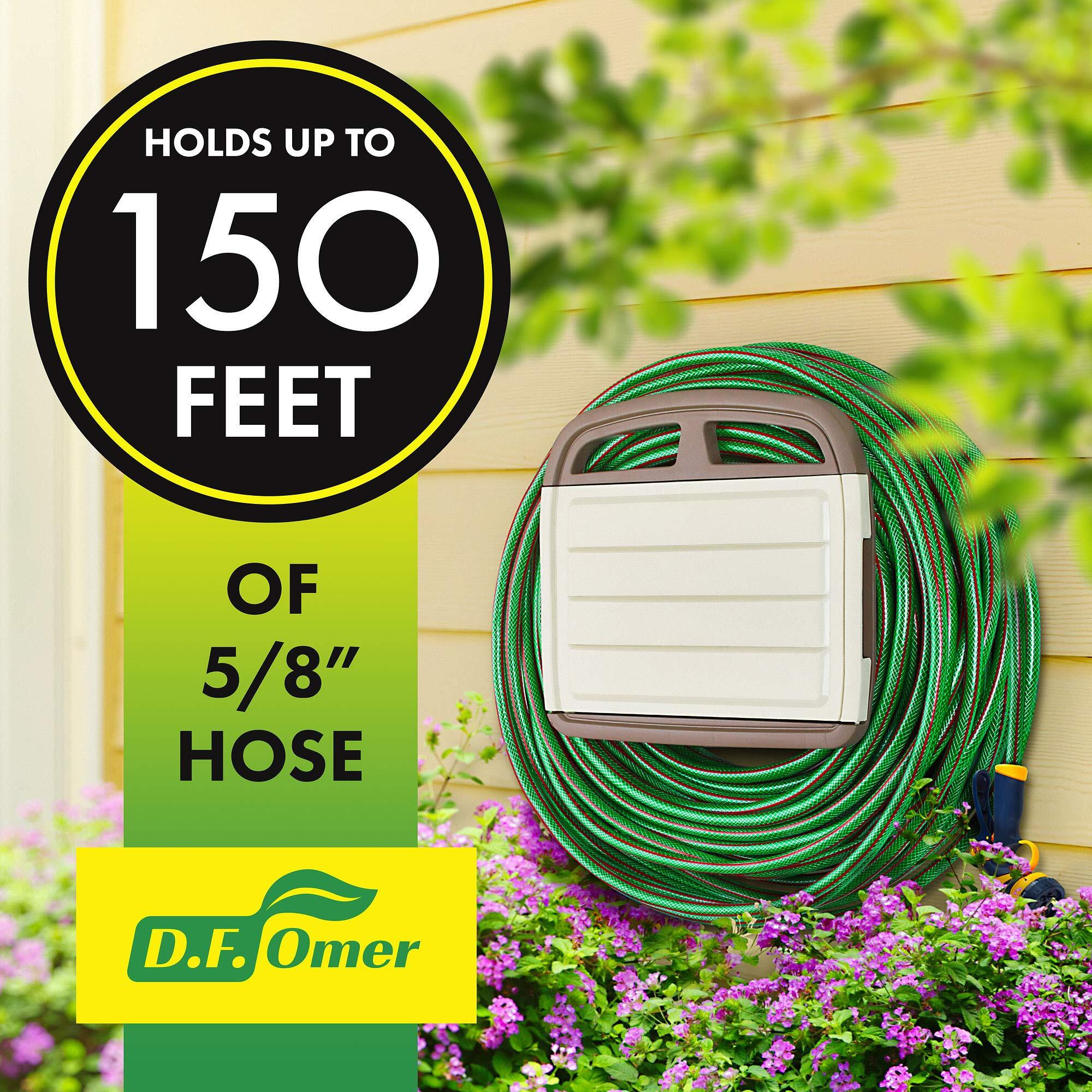Df Omer Plastic Garden Water Hose Holder With Storage Compartment Fits 150 Ft. Hose - 10X7X5 In. Weatherproof Wall Mount Hose Rack Hanger For Outside With 2 Shelves For Garden Equipment