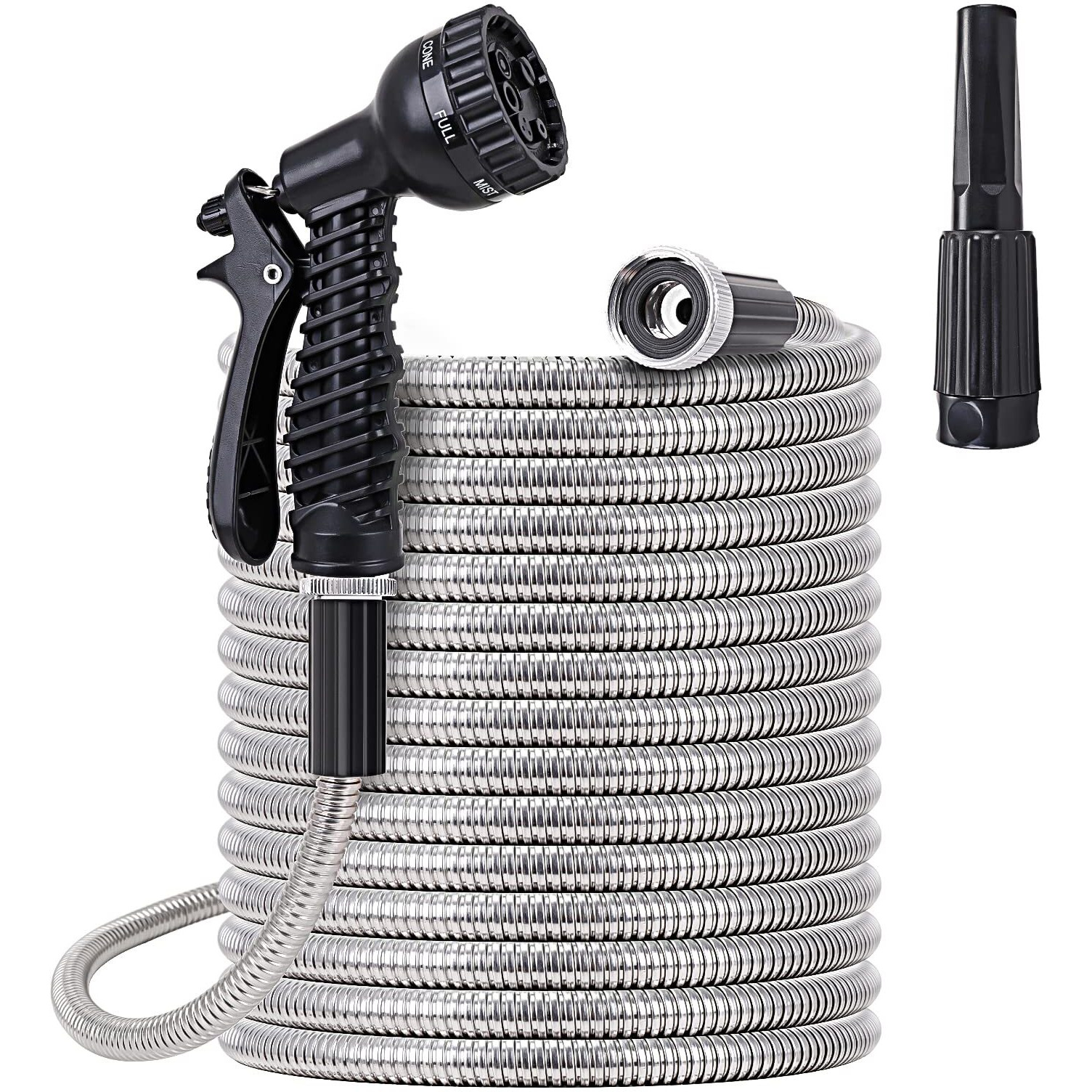Metal Water Hose 100 Ft - Stainless Steel Water Hose With 2 Nozzles, Lightweight, Tangle Free & Kink Free, Heavy Duty, High Pressure, Flexible, Dog Proof