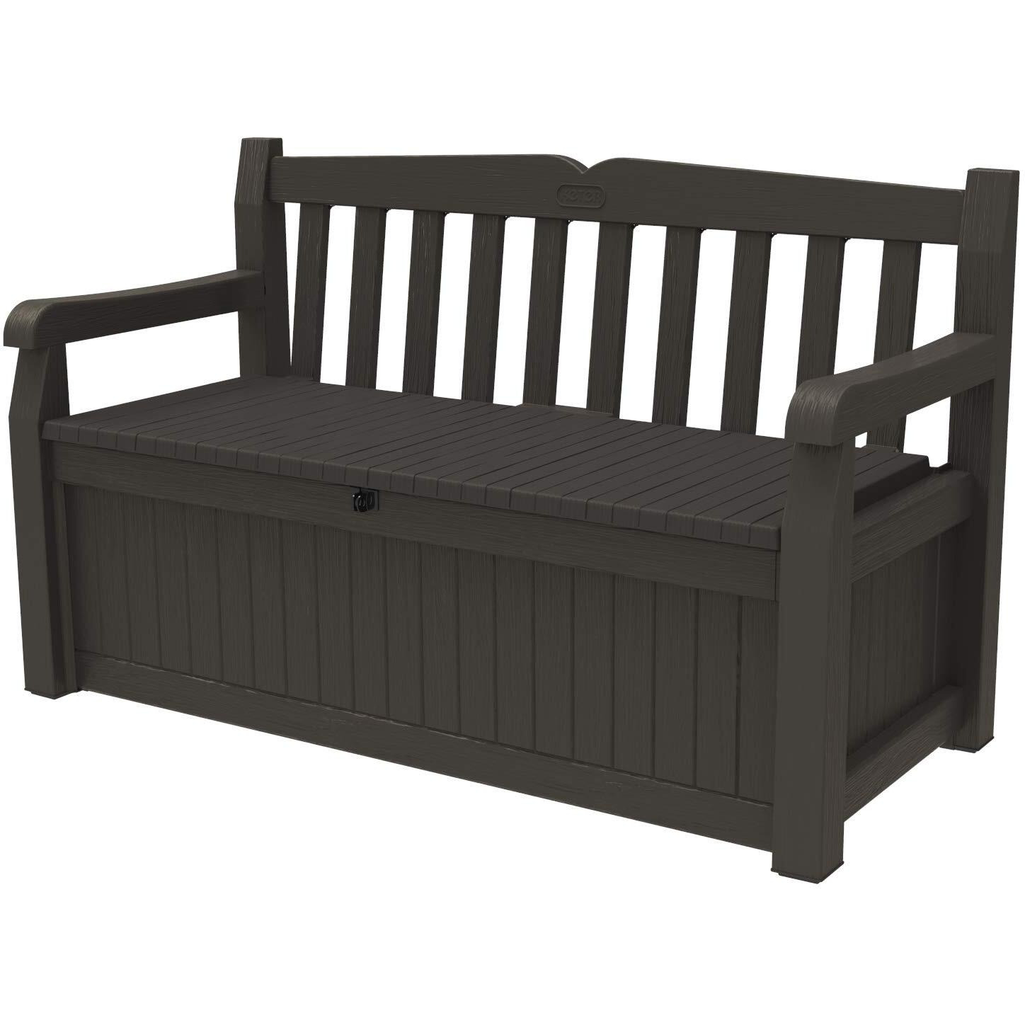 Keter Solana 70 Gallon Storage Bench Deck Box For Patio Furniture, Front Porch Decor And Outdoor Seating - Perfect To Store Garden Tools And Pool Toys, Brown
