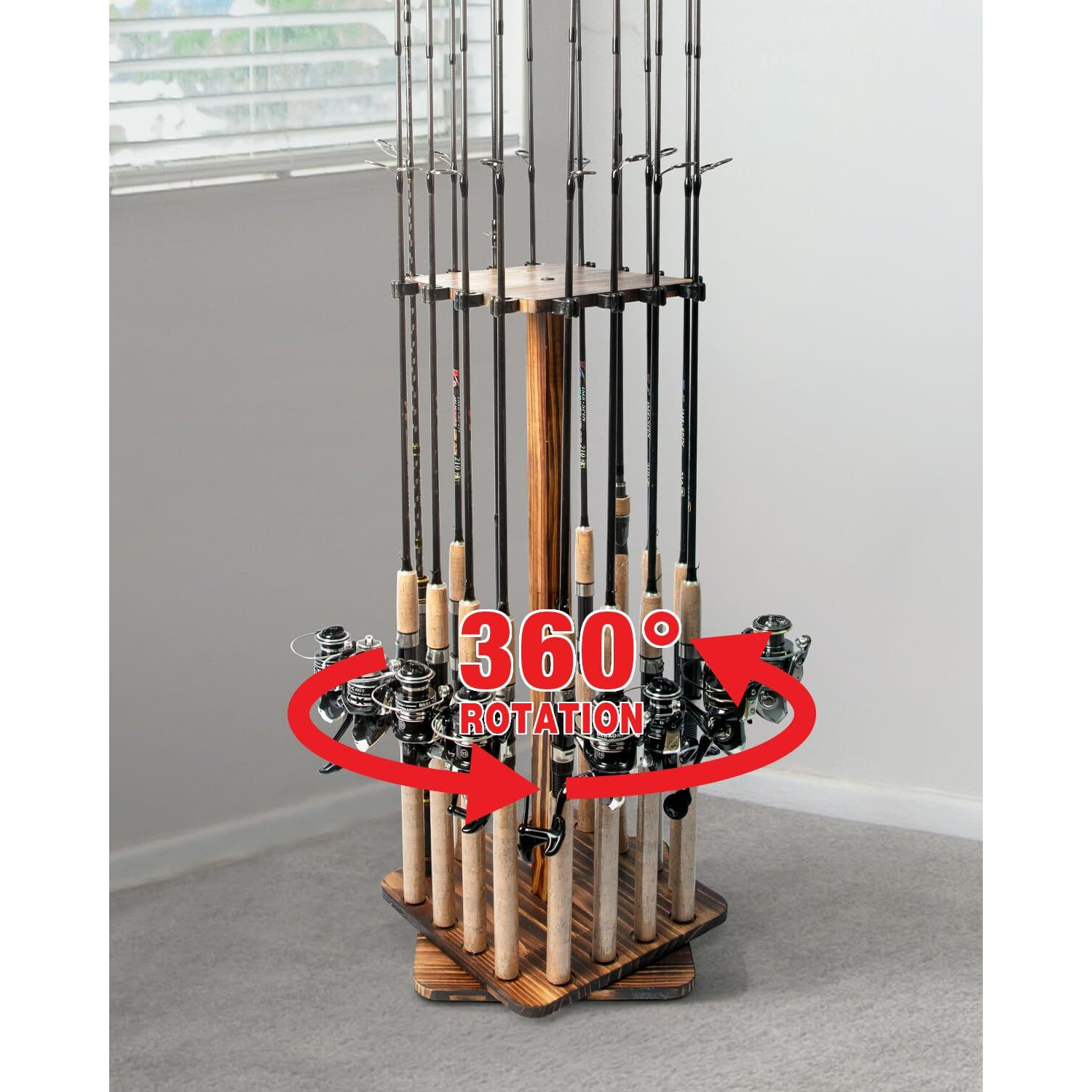Fishing Rod Holders For Garage 360 Degree Rotating Fishing Pole Rack, Floor Stand Holds Up To 16 Rods Wood Fishing Gear Equipment Storage Organizer, Fishing Gifts For Men Women