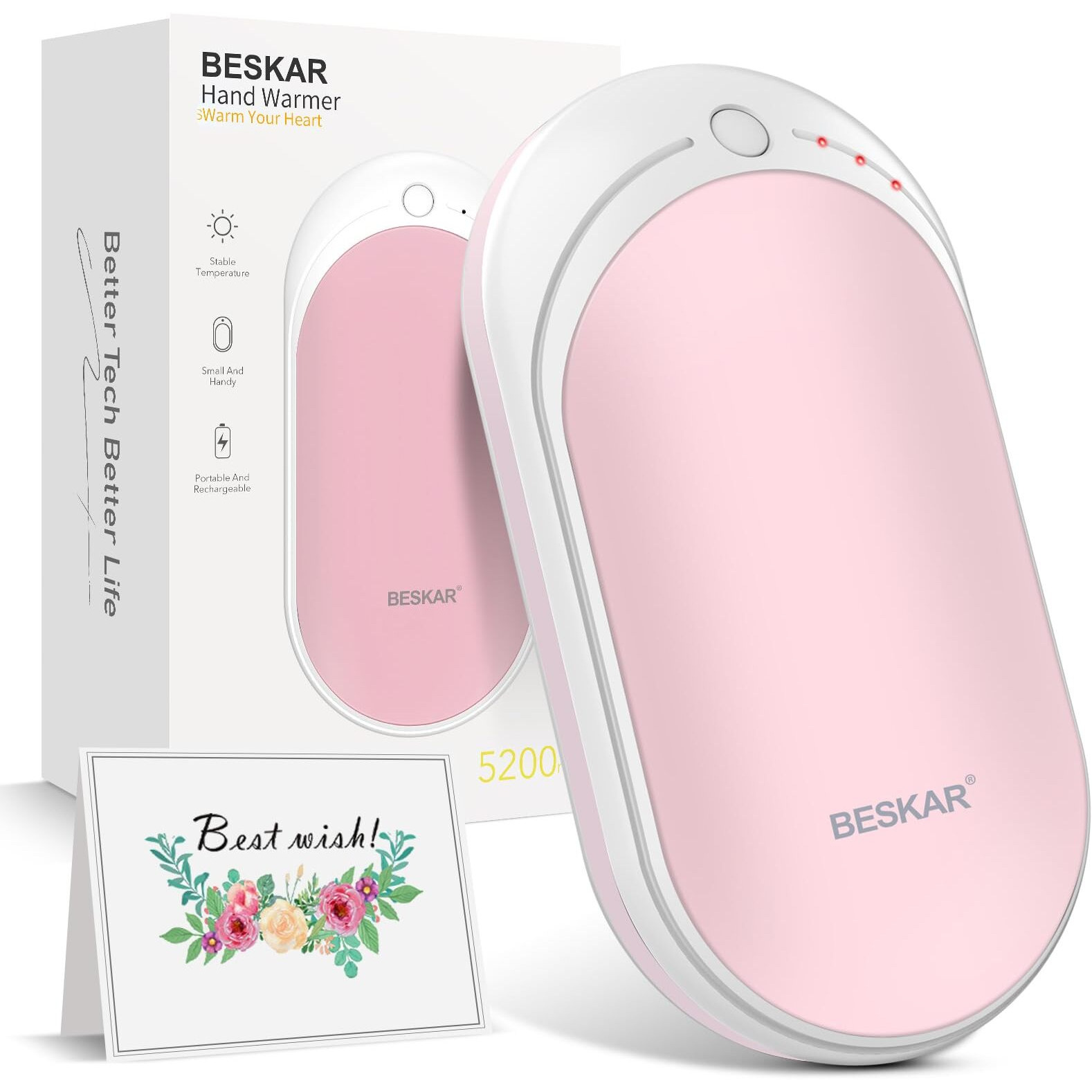 Beskar Rechargeable Hand Warmer, 5200Mah Electric Hand Heater, Double-Sided Heating, Usb Quick Charge, Portable Pocket Hand Warmer For Outdoor, Golf, Raynauds - Winter Gift
