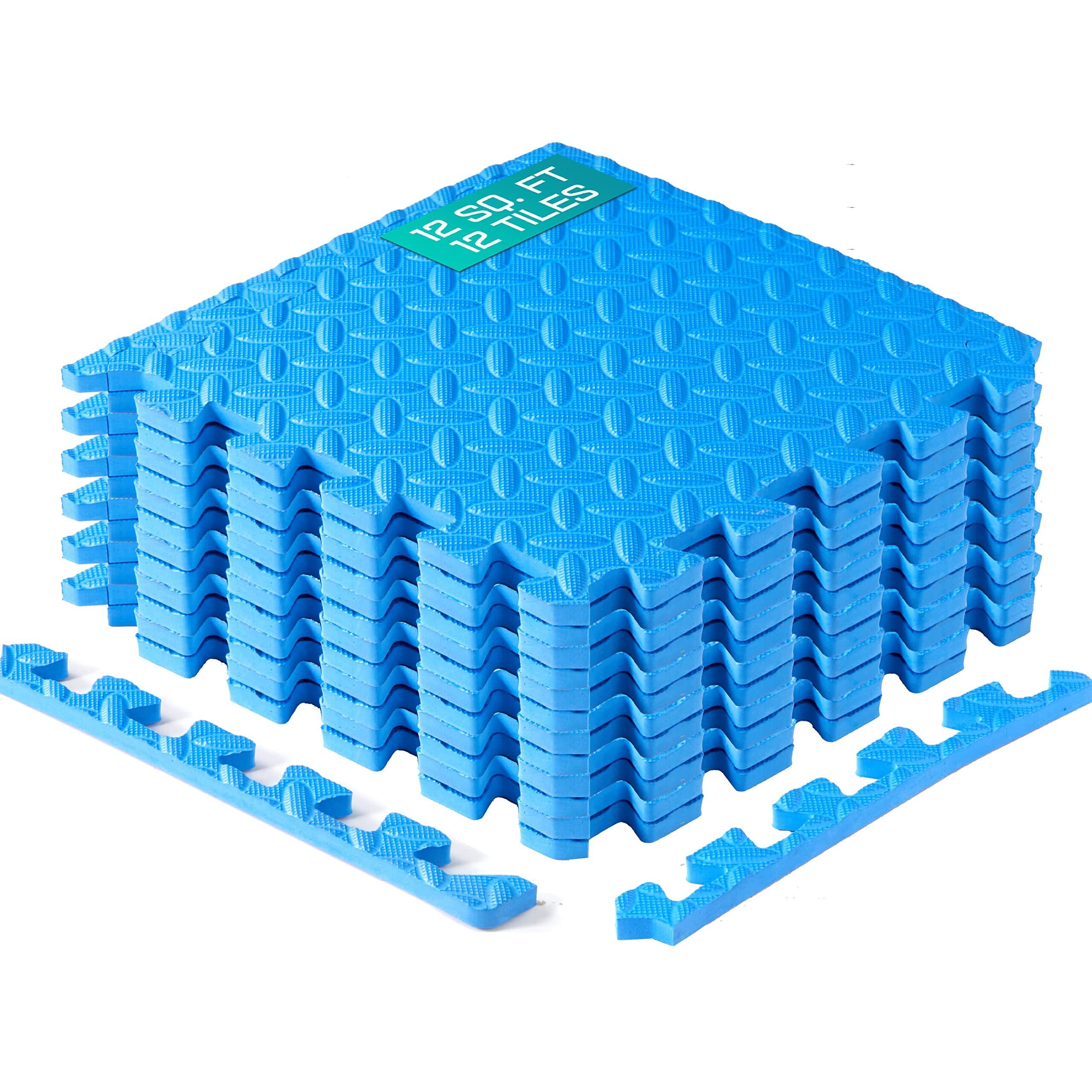Yes4All Interlocking Floor Mats With Border - Foam, Gym Floor Mats With Eva Interlocking Tiles (12 Square Feet - Blue - 12 Tiles)