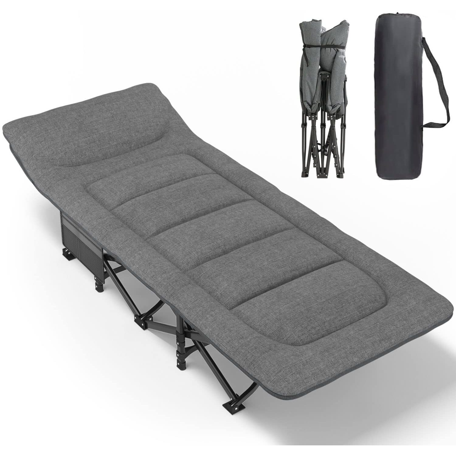 Atorpok Camping Cot For Adults With Cushion And Pillow, Portable Folding Bed For Sleeping, Lightweight Tent Cot With Carry Bag Supports 450 Lbs (Grey)