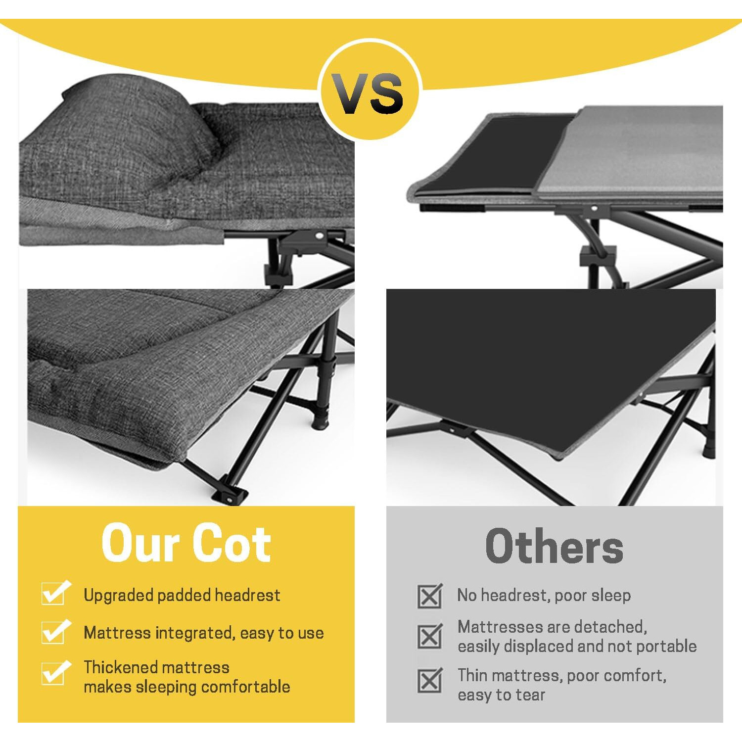 Atorpok Camping Cot For Adults With Cushion And Pillow, Portable Folding Bed For Sleeping, Lightweight Tent Cot With Carry Bag Supports 450 Lbs (Grey)