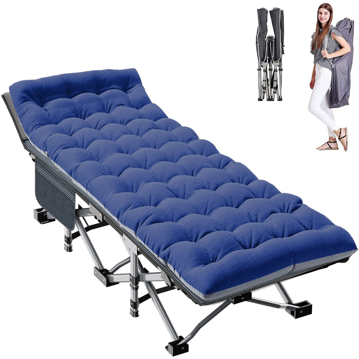 Aboron Folding Camping Cot W/Mat For Adults, Heavy Duty Outdoor Bed With Carry Bag,1200 D Layer Oxford Travel Camp Cots