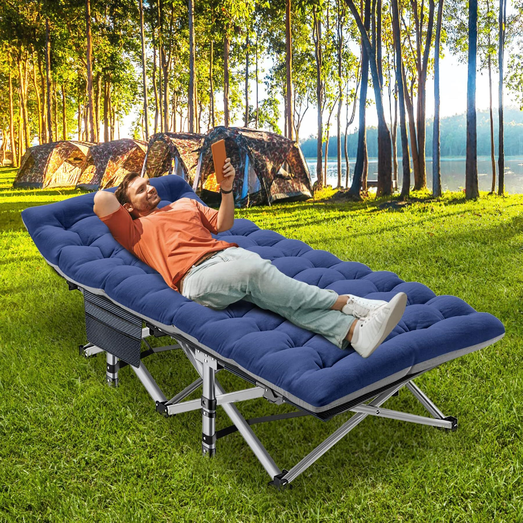 Aboron Folding Camping Cot W/Mat For Adults, Heavy Duty Outdoor Bed With Carry Bag,1200 D Layer Oxford Travel Camp Cots