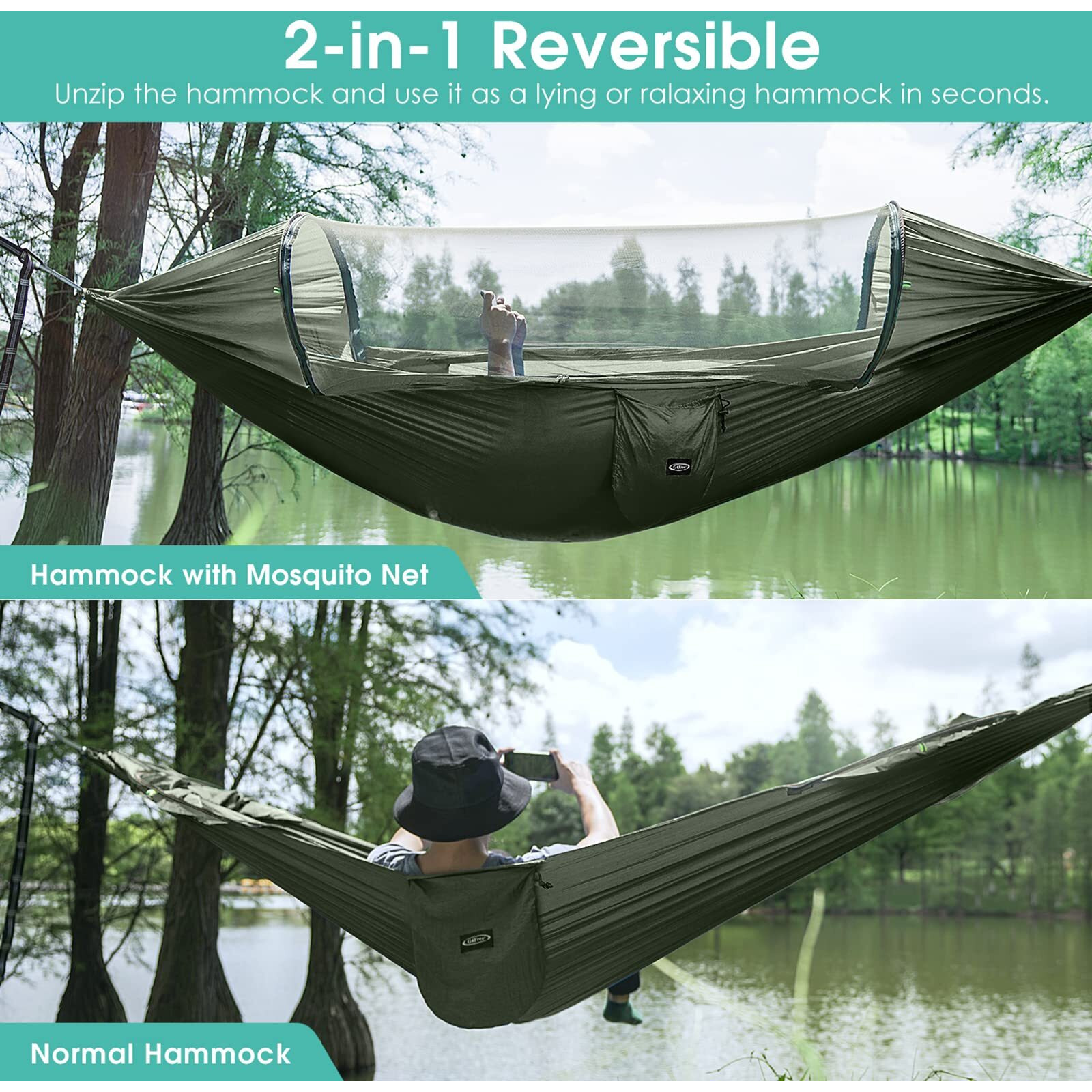 G4Free Large Camping Hammock With Mosquito Net 2 Person Pop-Up Parachute Lightweight Hanging Hammocks Tree Straps Swing Bed For Outdoor Backpacking Backyard Hiking (New Army Green)