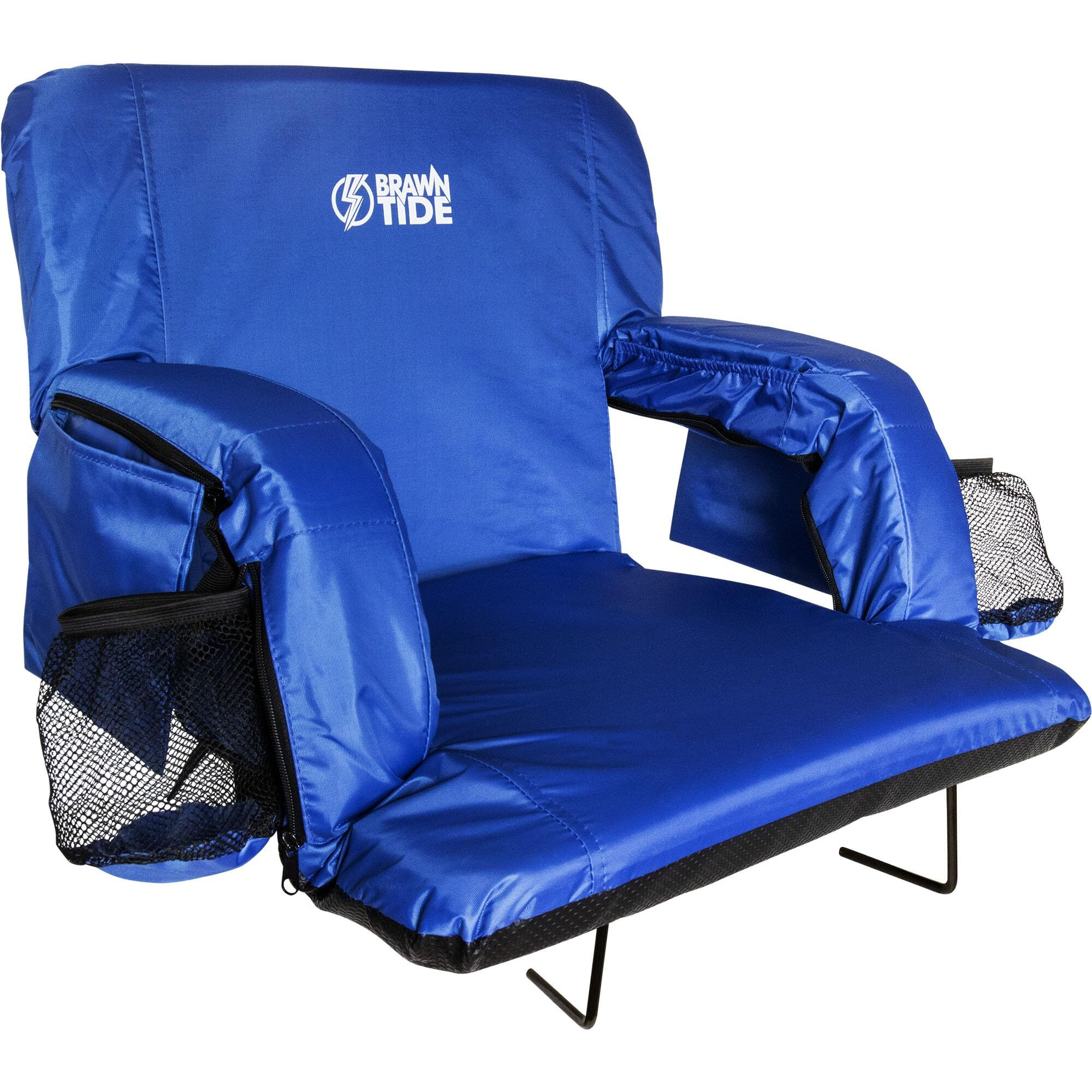 Brawntide Wide Stadium Seat For Bleachers - Stadium Chair With Back Support, Comfy Cushion, Thick Padding, 2 Steel Bleacher Hooks, 4 Pockets, Ideal For Sport Events, Camping, Beaches (Blue, Wide Size)