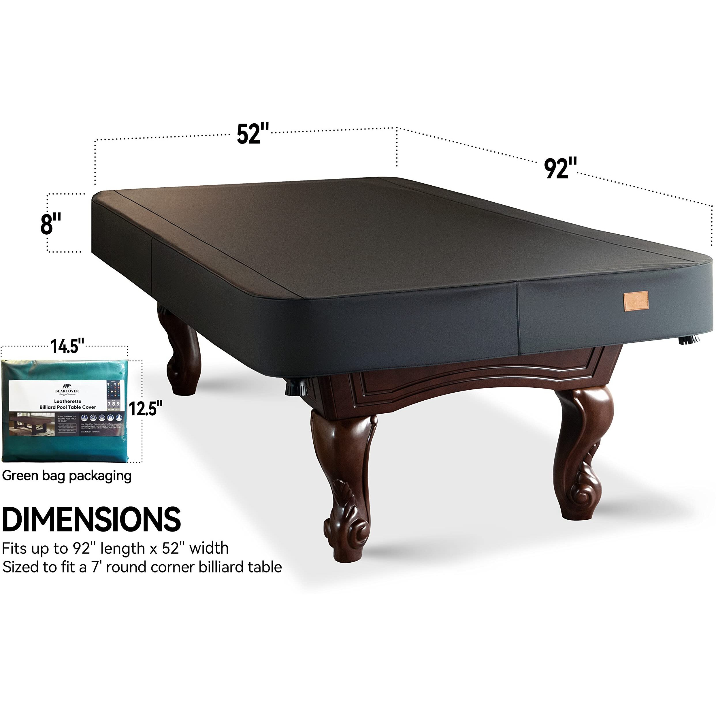 Bearcover Heavy Duty Leatherette Billiard Pool Table Cover, Waterproof & Tearproof Covers For Pool Table 7/8/9Ft Fitted (7 Feet/ Black)