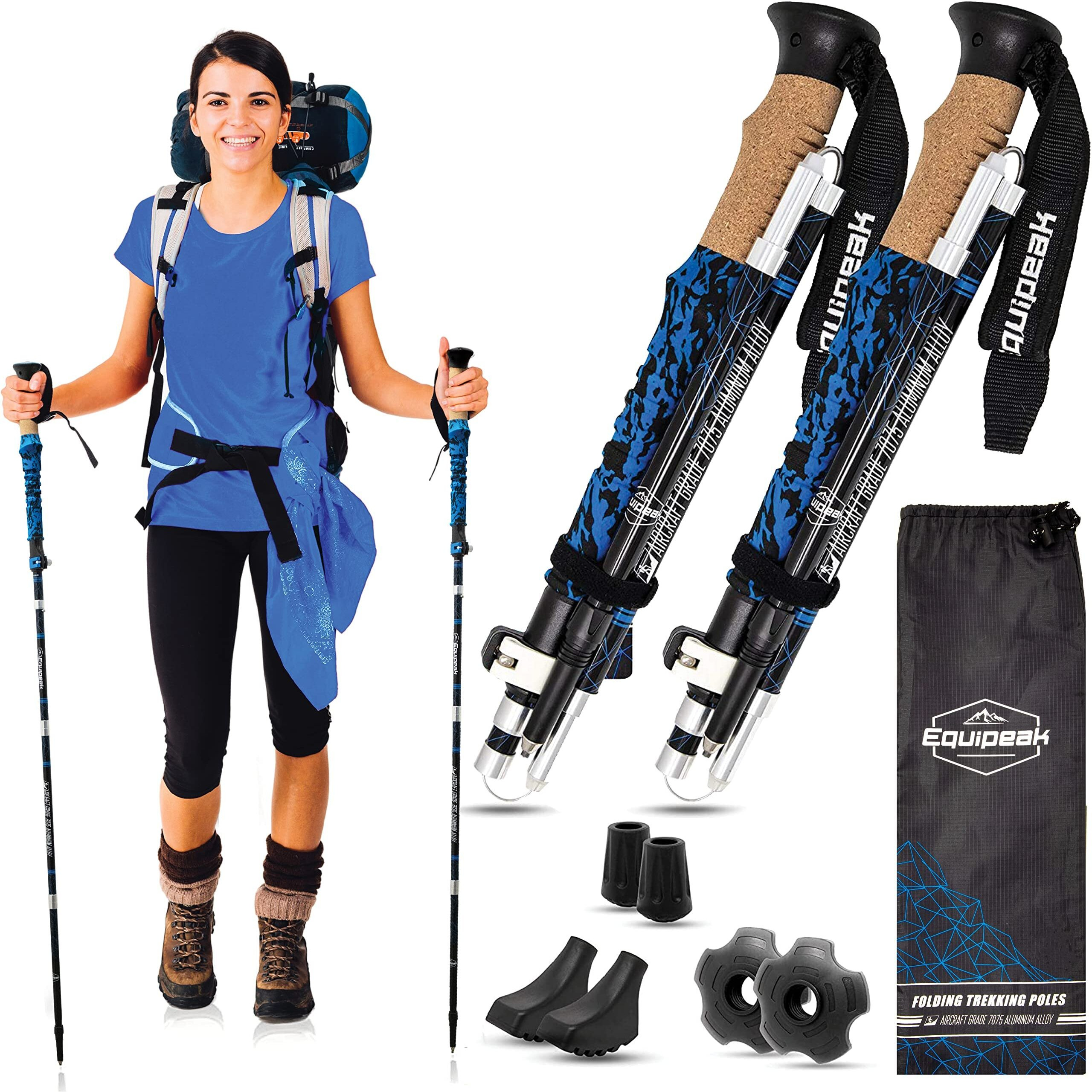 Collapsible Folding Hiking & Trekking Sticks - 2 Aluminum Walking Poles With Real Cork & Eva Handle Grip Set - Ultra Strong Locking - For Men & Women (Blue, S (5'0"" - 5'8""))