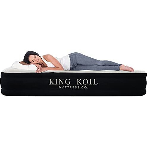 King Koil Luxury Queen Air Mattress With Built-In Pump For Home, Camping & Guests - Queen Size Inflatable Airbed Luxury Double High Adjustable Blow Up Mattress, Durable Portable Waterproof