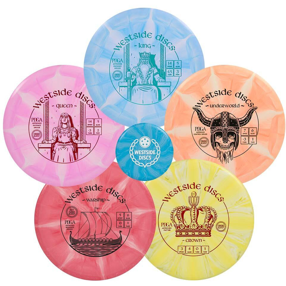 Westside Discs 5 Disc Origio Burst Disc Golf Starter Set  Beginners Frisbee Golf Set  Set Includes Disc Golf Putter, Midrange, Fairway Driver, Maximum Distance Drivers  Colors Will Vary