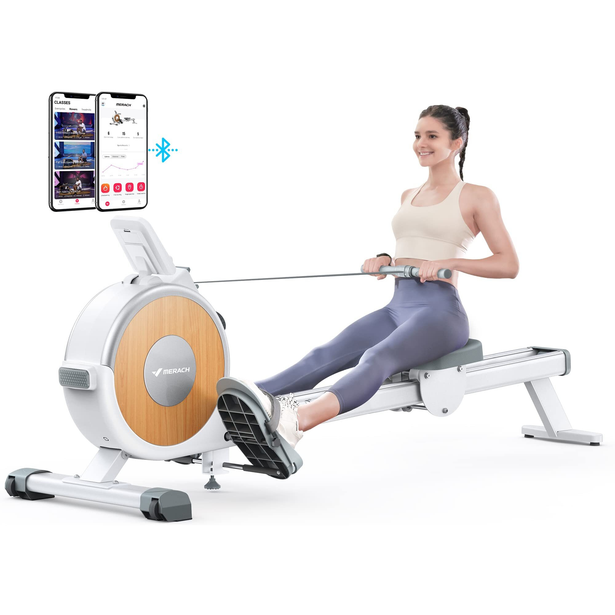 Merach Rowing Machine With App, 16 Levels Of Magnetic Resistance, Exclusive Dual Slide Rail Rower, 350Lb Max Weight Rowing Machines For Home Use, Q1S White Quiet Rowing Machine