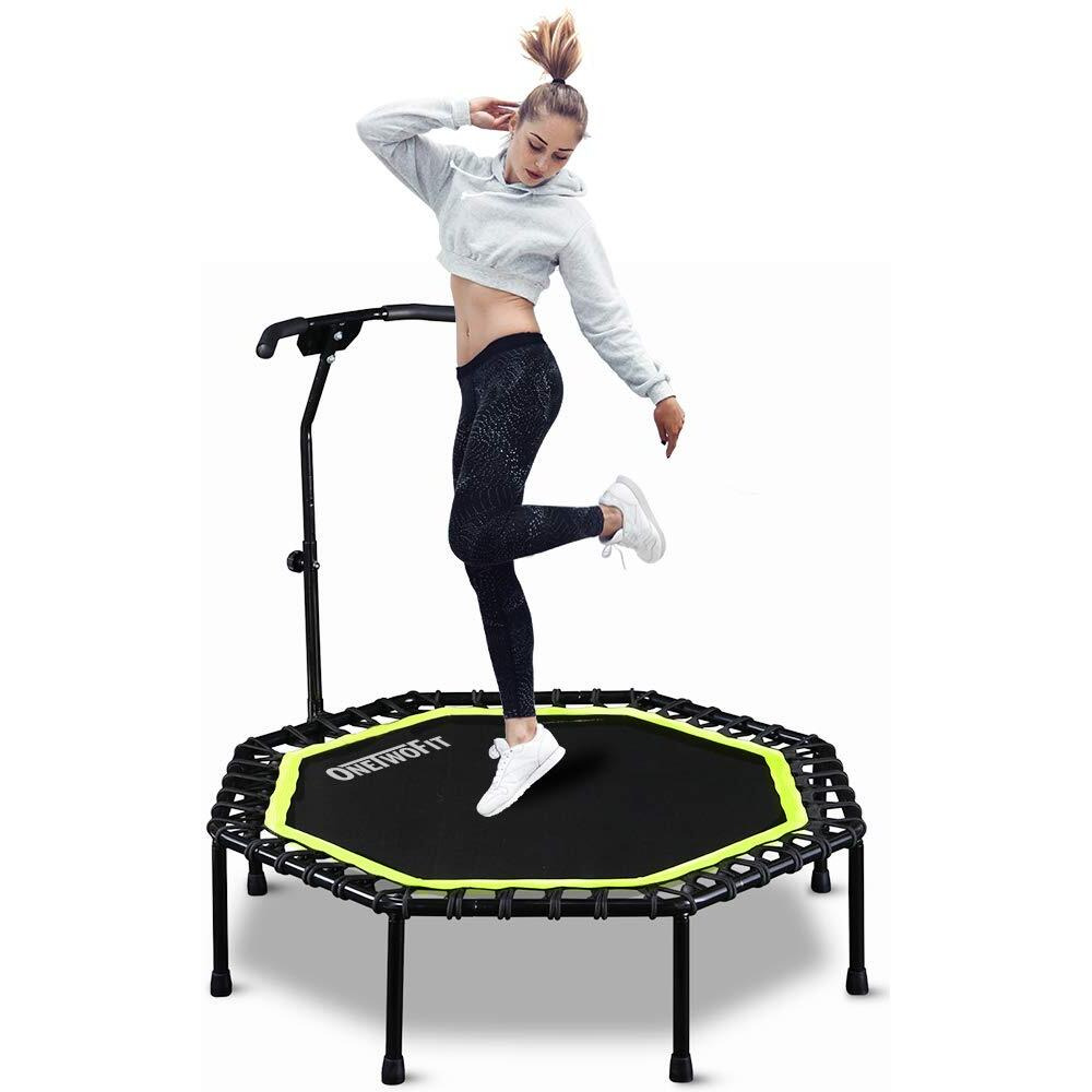 Onetwofit 51"" Silent Trampoline With Adjustable Handle Bar, Fitness Trampoline Bungee Rebounder Jumping Cardio Trainer Workout For Adults