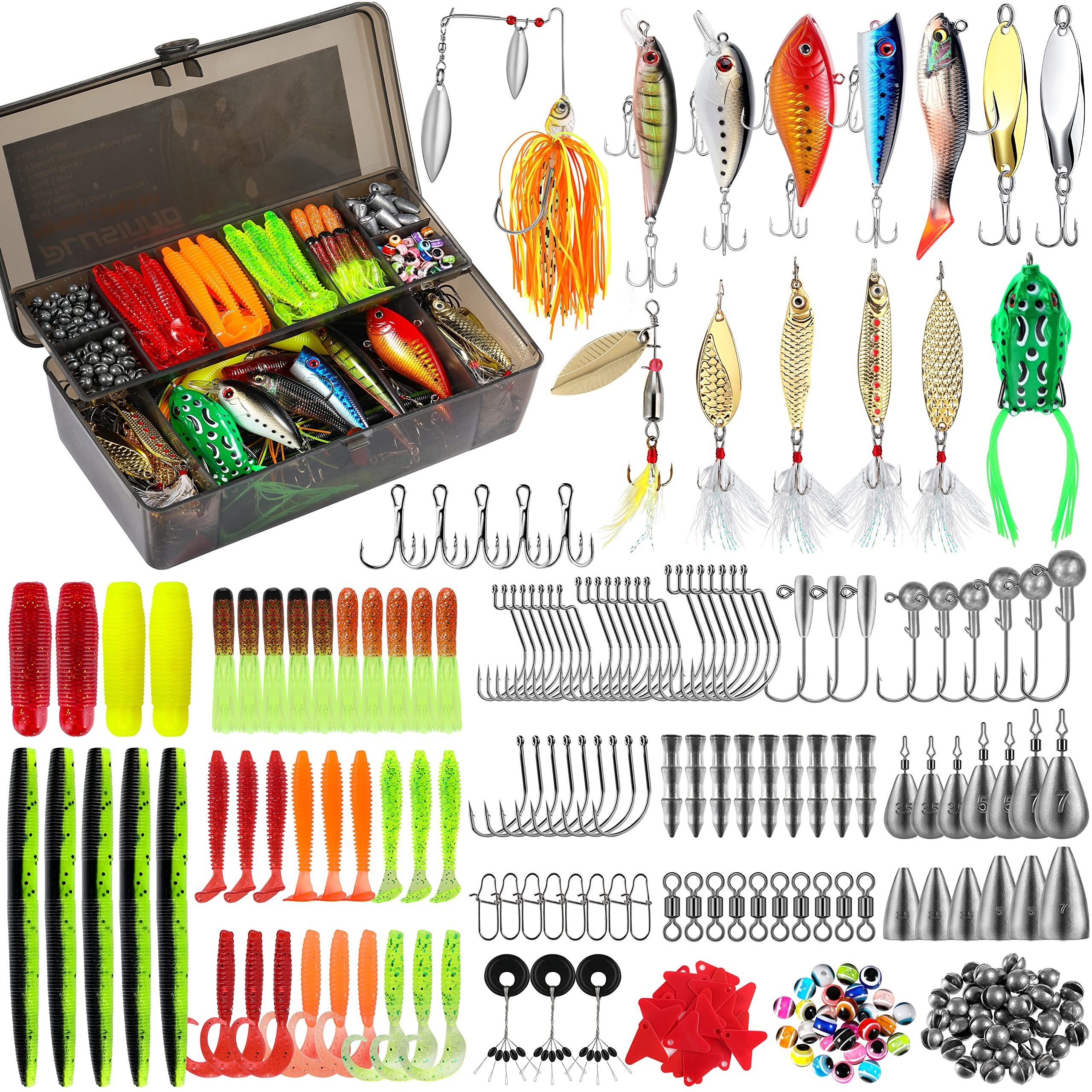 Plusinno 292Pcs Fishing Accessories Kit, Tackle Box With Tackle Included, Fishing Hooks, Fishing Weights, Spinner Blade, Fishing Gear For Bass, Bluegill, Crappie