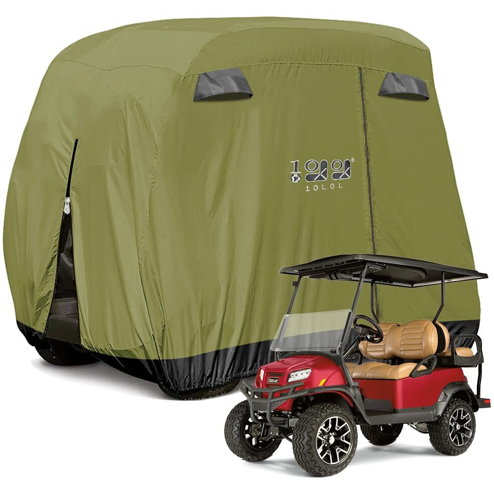 10L0L 4 Passenger Golf Cart Cover Fits Ezgo, Club Car, Yamaha, 400D Waterproof Windproof Sunproof Outdoor All-Weather Polyester Full Cover With Three Zipper Doors - Army Green