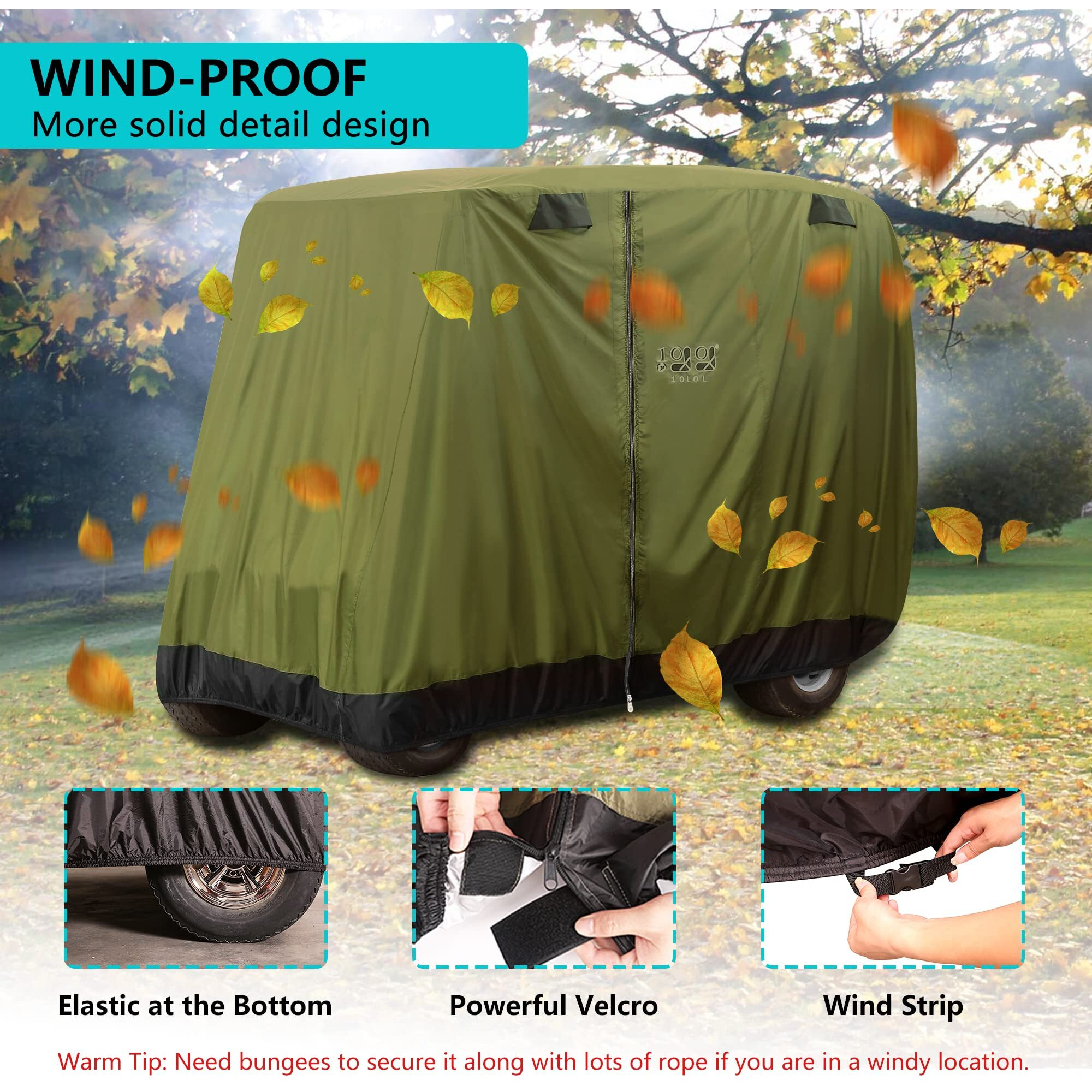 10L0L 4 Passenger Golf Cart Cover Fits Ezgo, Club Car, Yamaha, 400D Waterproof Windproof Sunproof Outdoor All-Weather Polyester Full Cover With Three Zipper Doors - Army Green