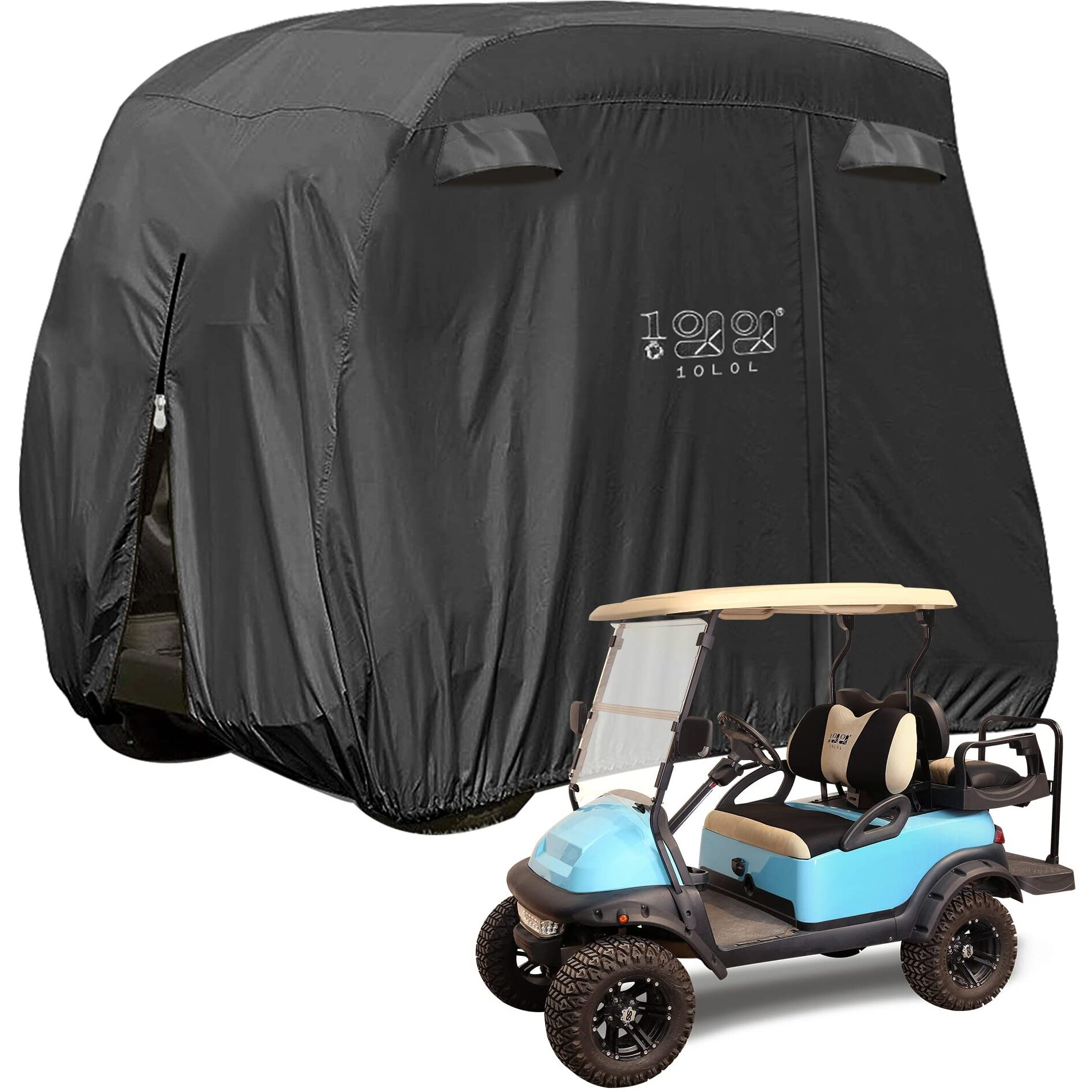 10L0L 4 Passenger Golf Cart Cover Fits Ezgo, Club Car, Yamaha, 400D Waterproof Windproof Sunproof Outdoor All-Weather Polyester Full Cover With Three Zipper Doors - Black