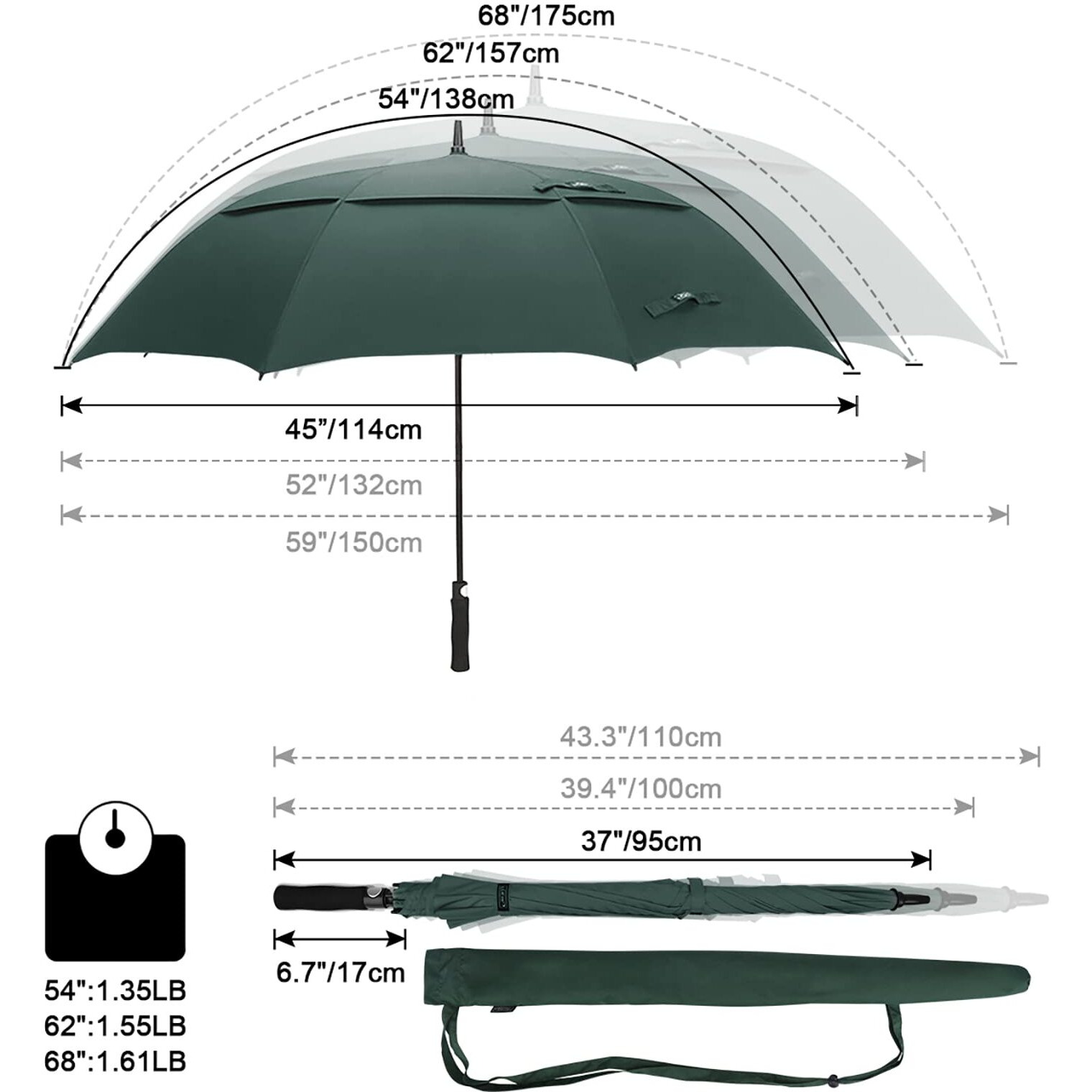 G4Free 68 Inch Extra Large Automatic Open Golf Umbrella Oversize Double Canopy Windproof Waterproof Stick Umbrellas(Dark Green)