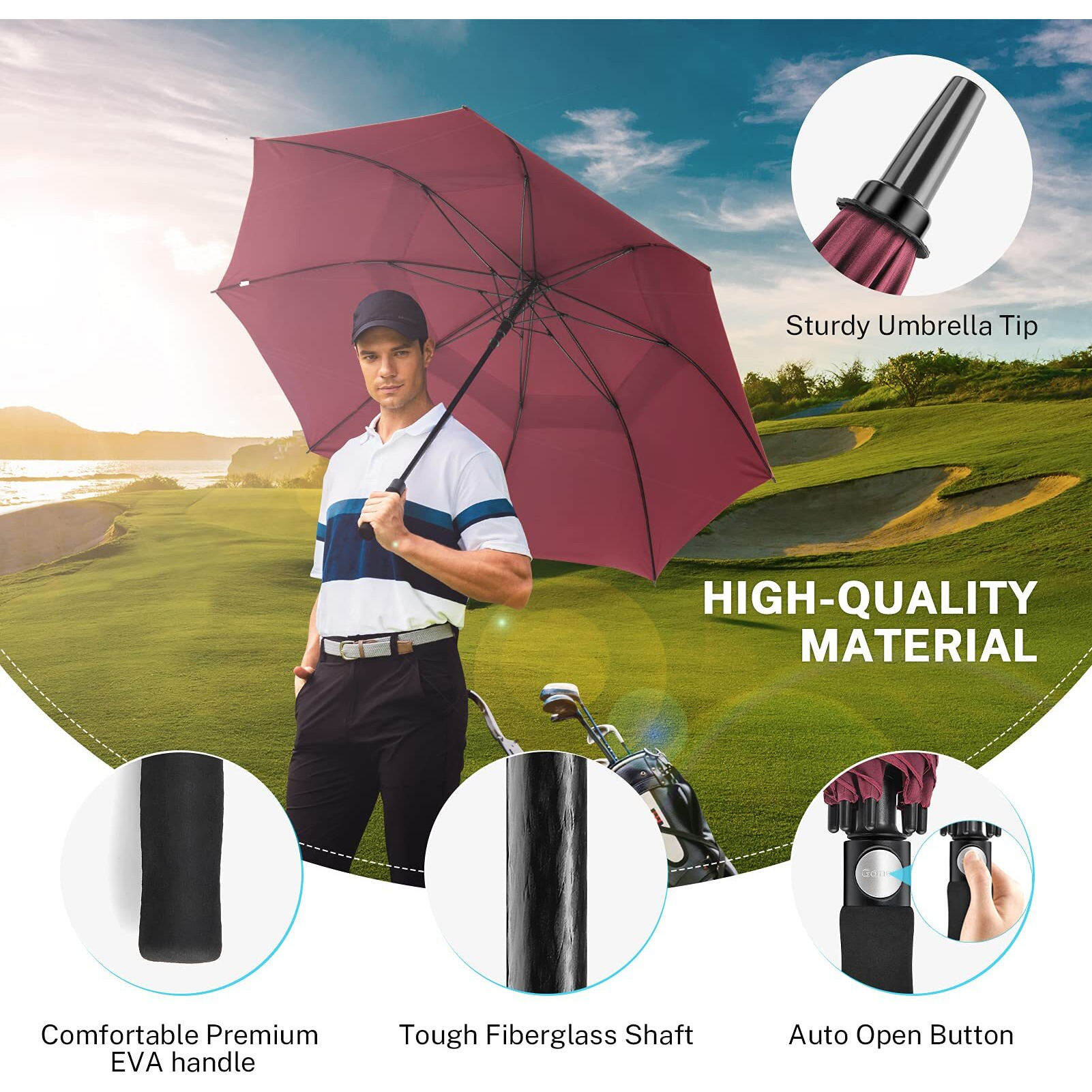 Gonex 68 Inch Extra Large Golf Umbrella, Automatic Open Travel Rain Umbrella With Windproof Water Resistant Double Canopy, Oversize Vented Umbrellas For 2-3 Men And Uv Protection, Wine