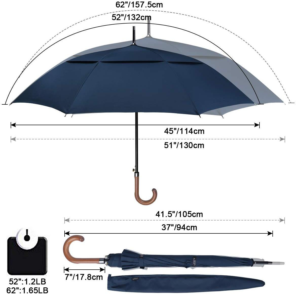 G4Free 52/62Inch Wooden J Handle Golf Umbrella Windproof Classic Stick Wedding Cane Umbrellas, Auto Open Cane Hook Handle