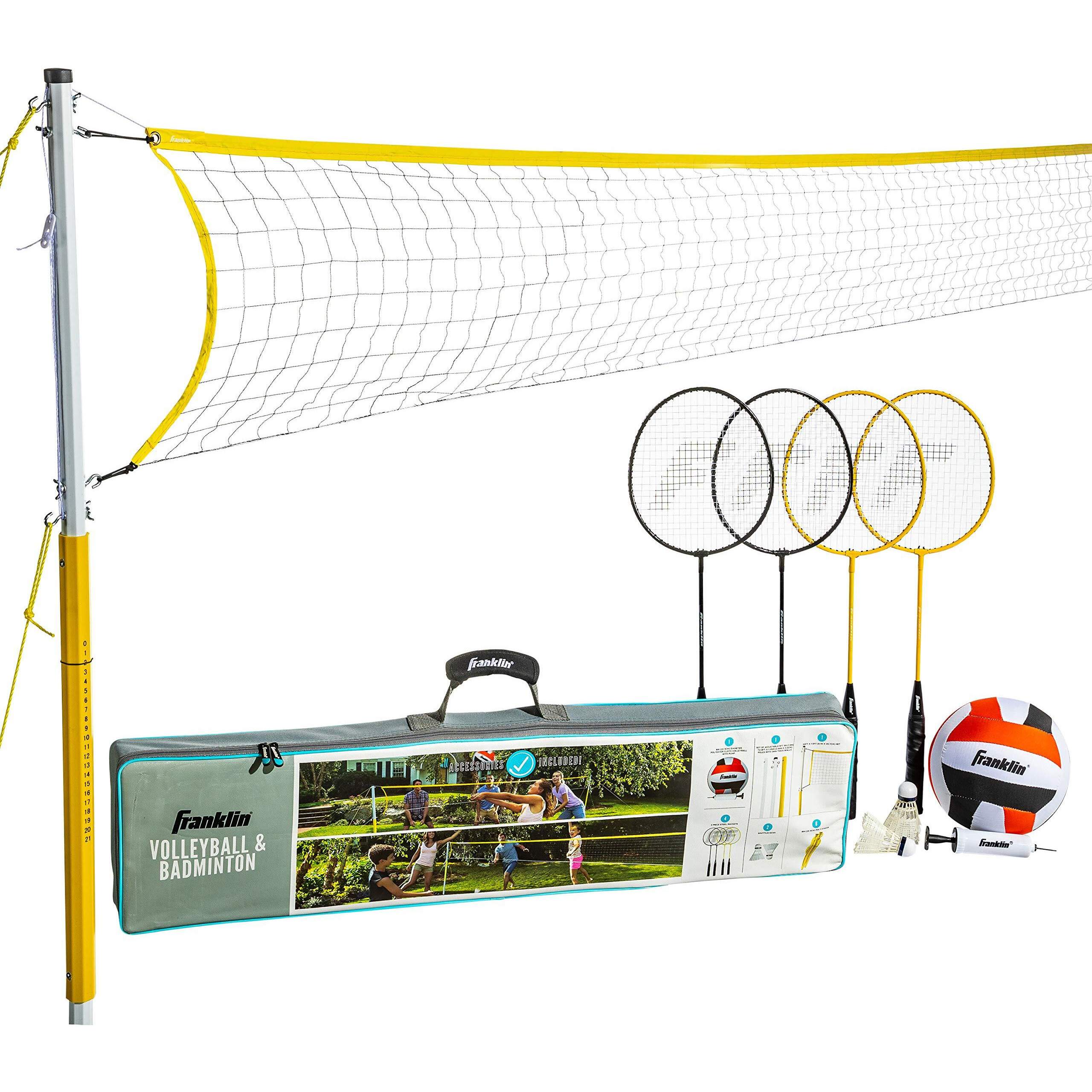 Franklin Sports Family Volleyball & Badminton Combo Set - Portable Backyard + Beach Volleyball + Badminton Net - Volleyball, Rackets & Birdie Included - Family
