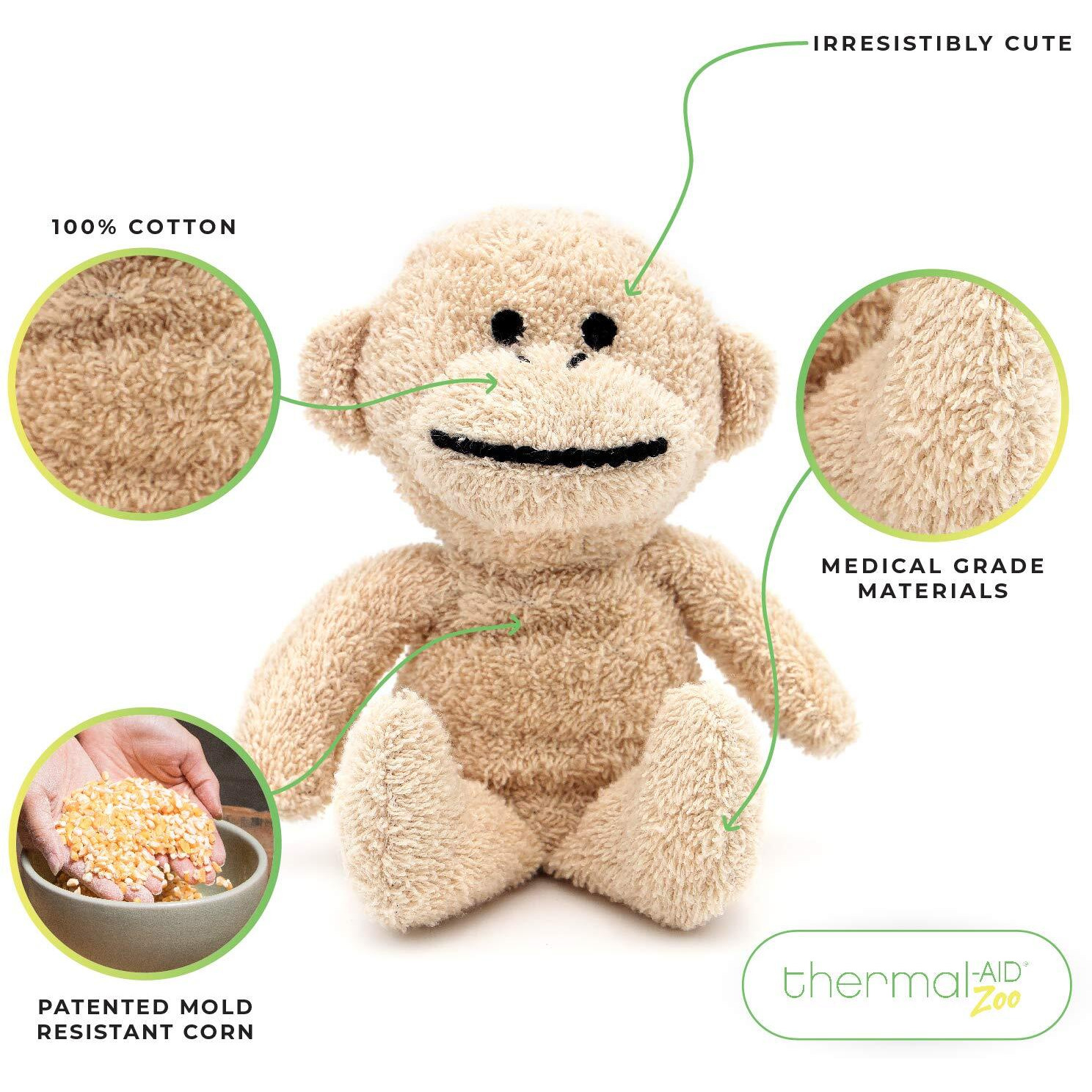 Thermal-Aid Zoo - Mini Jo Jo The Monkey - Kids Hot And Cold Pain Relief Boo Boo Tool - Heating Pad Microwavable Stuffed Animal And Cooling Pad - Easy Wash, Natural Sleep Aid