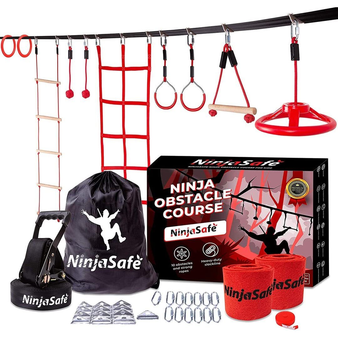Ninja Obstacle Course For Kids Backyard - 10 Durable Obstacles And 50' Slackline For Passenger Car - Outdoor Playset Equipment For Girls & Boys With Climbing Net, Red, Black