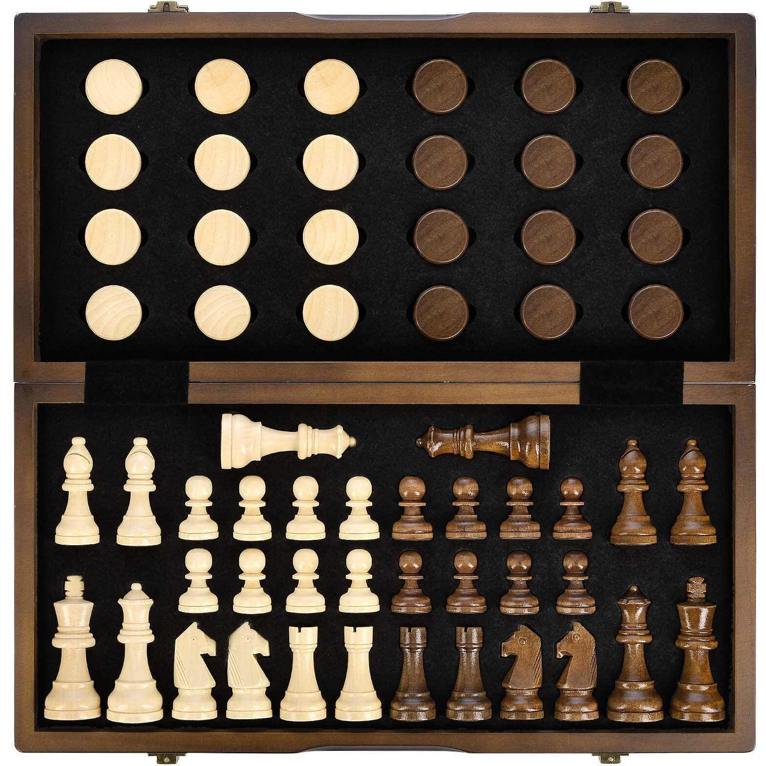 Amerous Magnetic Wooden Chess And Checkers Game Set, 15 Inches (2 In 1) Chess Board Games, 2 Extra Queens - Gift Package - Game Pieces Storage Slots, Beginner Chess Set For Kids, Adults
