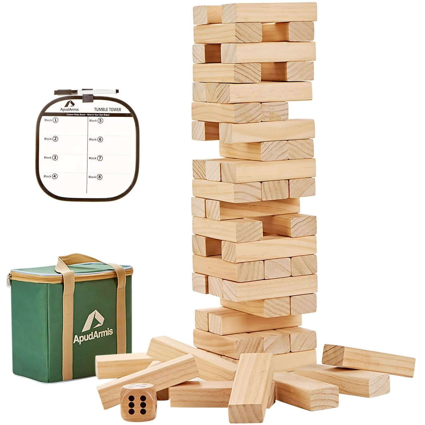 Apudarmis 54 Pcs Tumble Timber Set Stack To 3Ft, Pine Wooden Tumble Tower Game With Dice And Scoreboard Set - Classic Stacking Blocks Game For Kids Children Teens