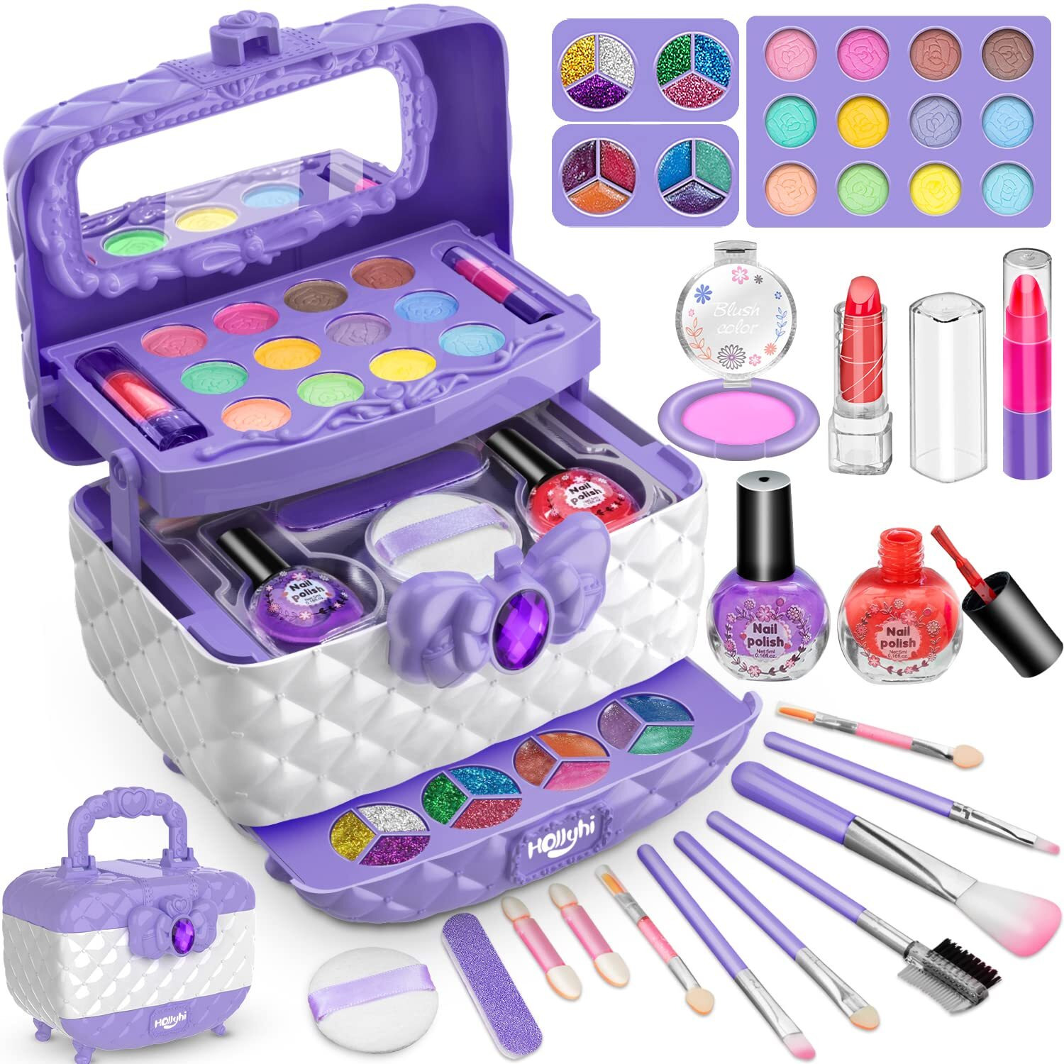 Hollyhi Kids Makeup Kit For Girl, Washable Makeup Set Toy With Real Cosmetic Case For Little Girl, Pretend Play Makeup Beauty Set Birthday Toys Gift For 3 4 5 6 7 8 9 10 Years Old Kid (Purple)