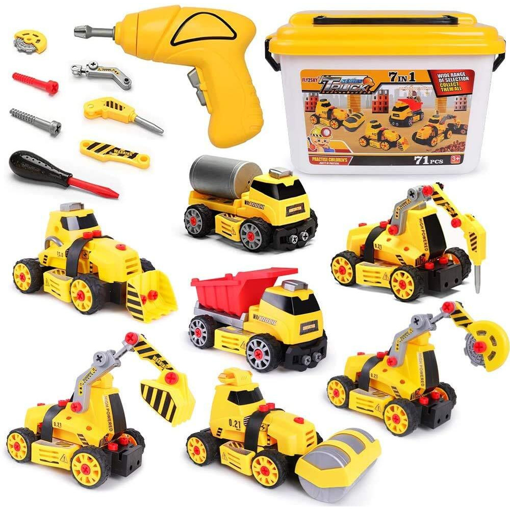 Fly2Sky Toys For 3 4 5 6 7 8 Year Old Boys 7 In 1 Take Apart Toys With Electric Drill Take Apart Truck Toys Construction Set Diy Engineering Building Toy Push & Go Stem Toy Gift For Boys Toys Age 6-8