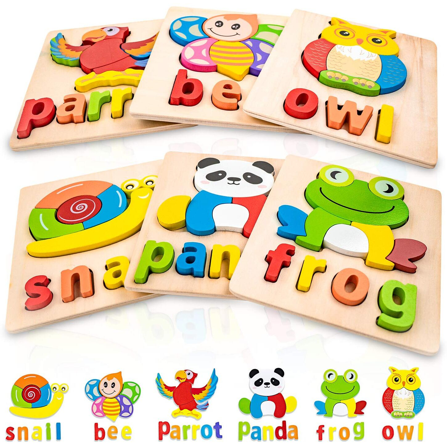 Wooden Puzzles Toddler Toys For Kids 1 2 3 Years Old Boys Girls Toddler Puzzles Montessori Toys Eco Friendly Child Gifts With Animal Shape Alphabet Spelling Puzzles Preschool Learning Toys(6 Pack)