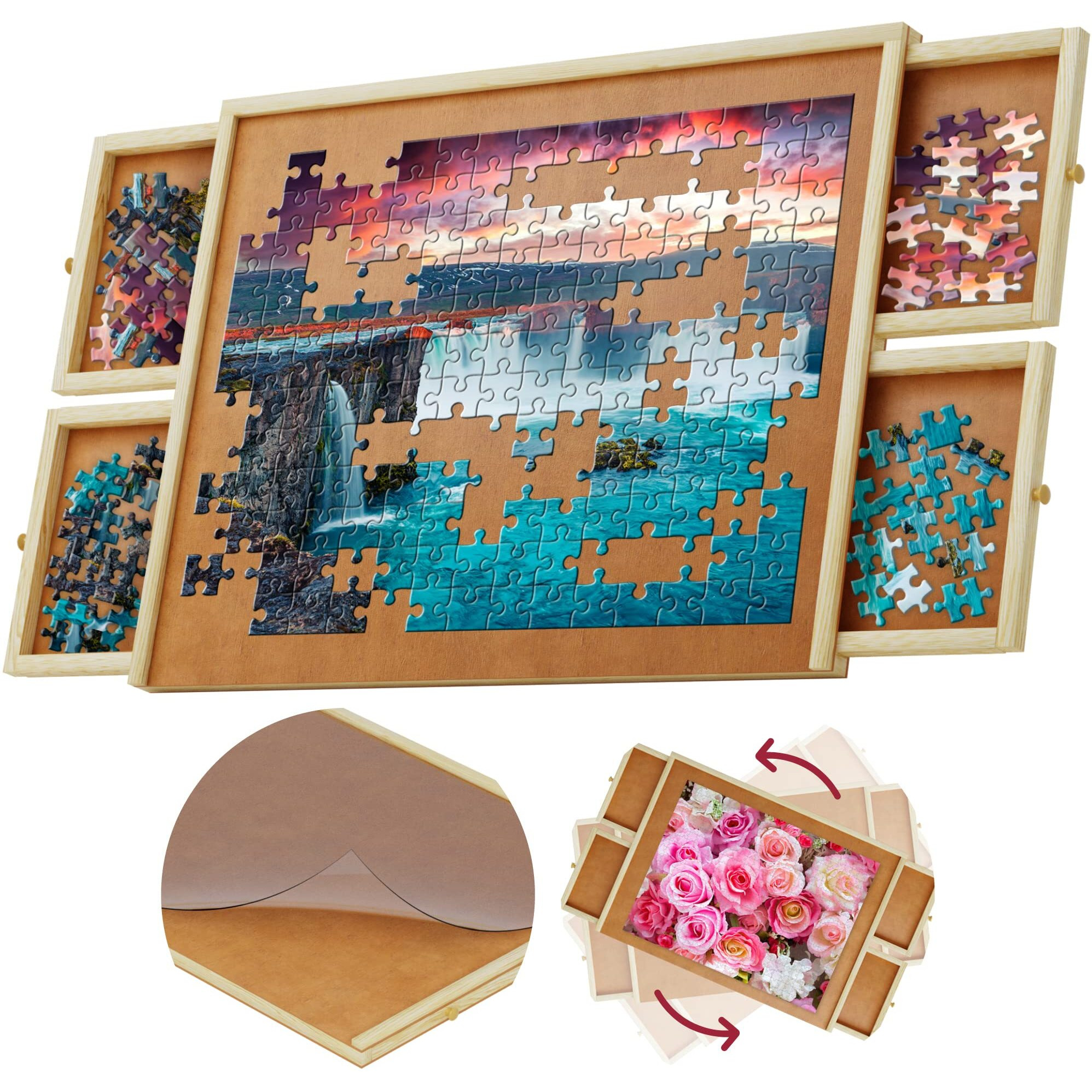 1000 Piece Wooden Jigsaw Puzzle Board - 4 Drawers, Rotating Puzzle Table | 30    X 22    Jigsaw Puzzle Table | Puzzle Cover Included - Portable Puzzle Tables For Adults And Kids By Beyond Innoventions