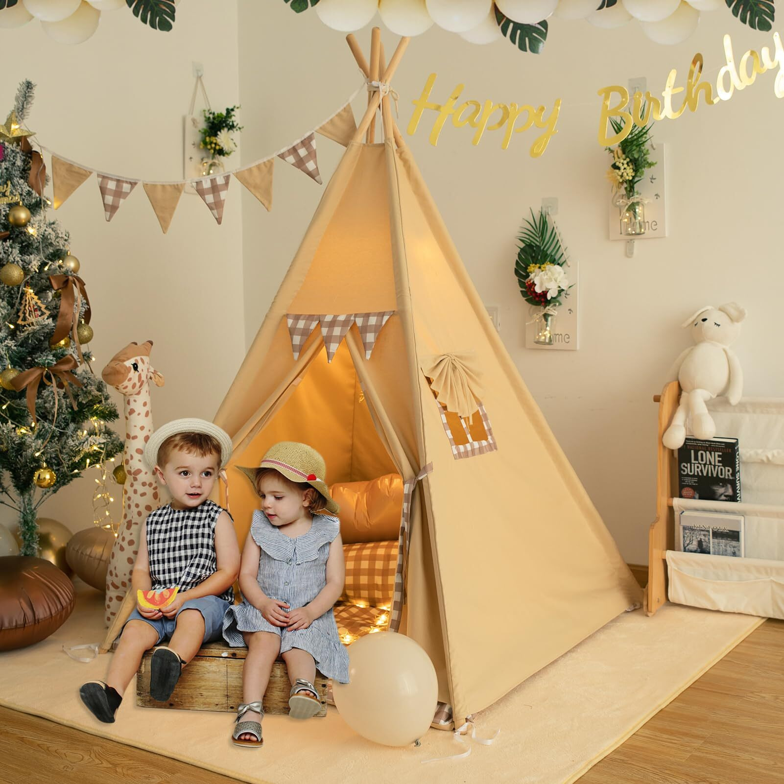 Treebud Teepee Tent With Padded Mat Bunting Banner Fairy Lights - Print Gingham Kids Play Tent With Carry Bay For Indoor And Outdoor, Play House Toys For Toddler, Boys And Girls