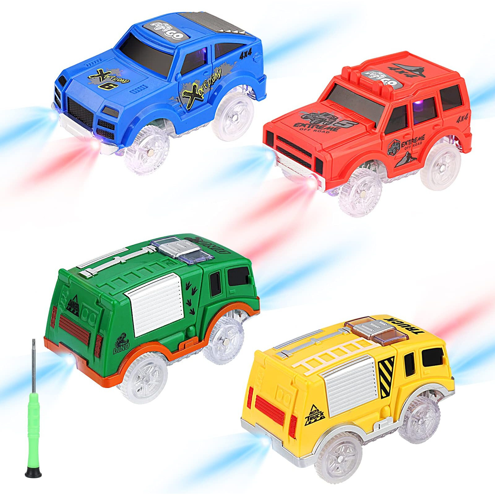 Tracks Cars Replacement Only, Toy Cars For Magic Tracks Glow In The Dark, Racing Car Track Accessories With 5 Flashing Led Lights, Compatible With Most Car Tracks For Kids Boys And Girls(4Pack)