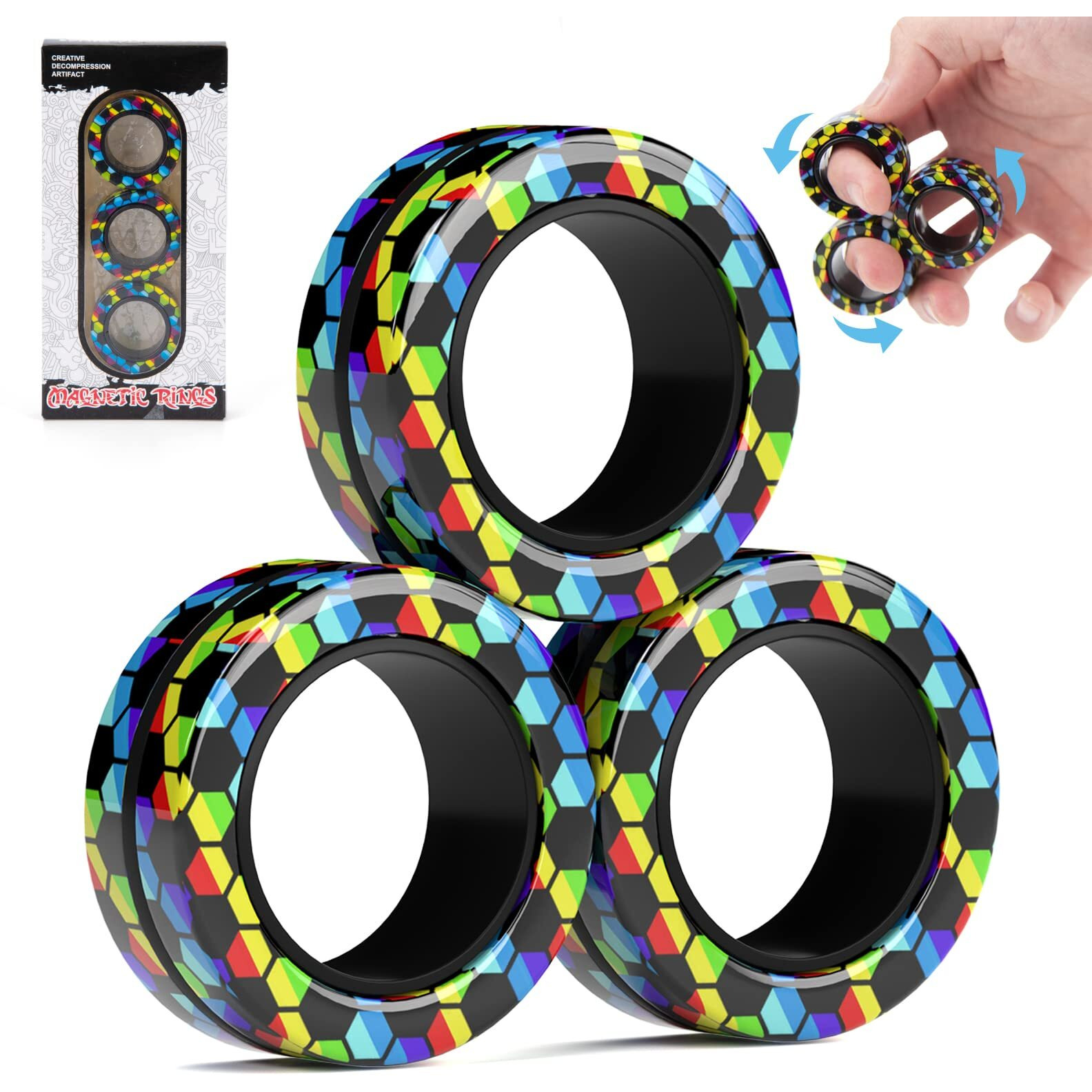 Magnetic Rings Fidget Toy Set, Idea Adhd Fidget Toys, Adult Fidget Magnets Spinner Rings For Anxiety Relief Therapy, Fidget Pack Great Gift For Adults Teens Kids (3Pcs)