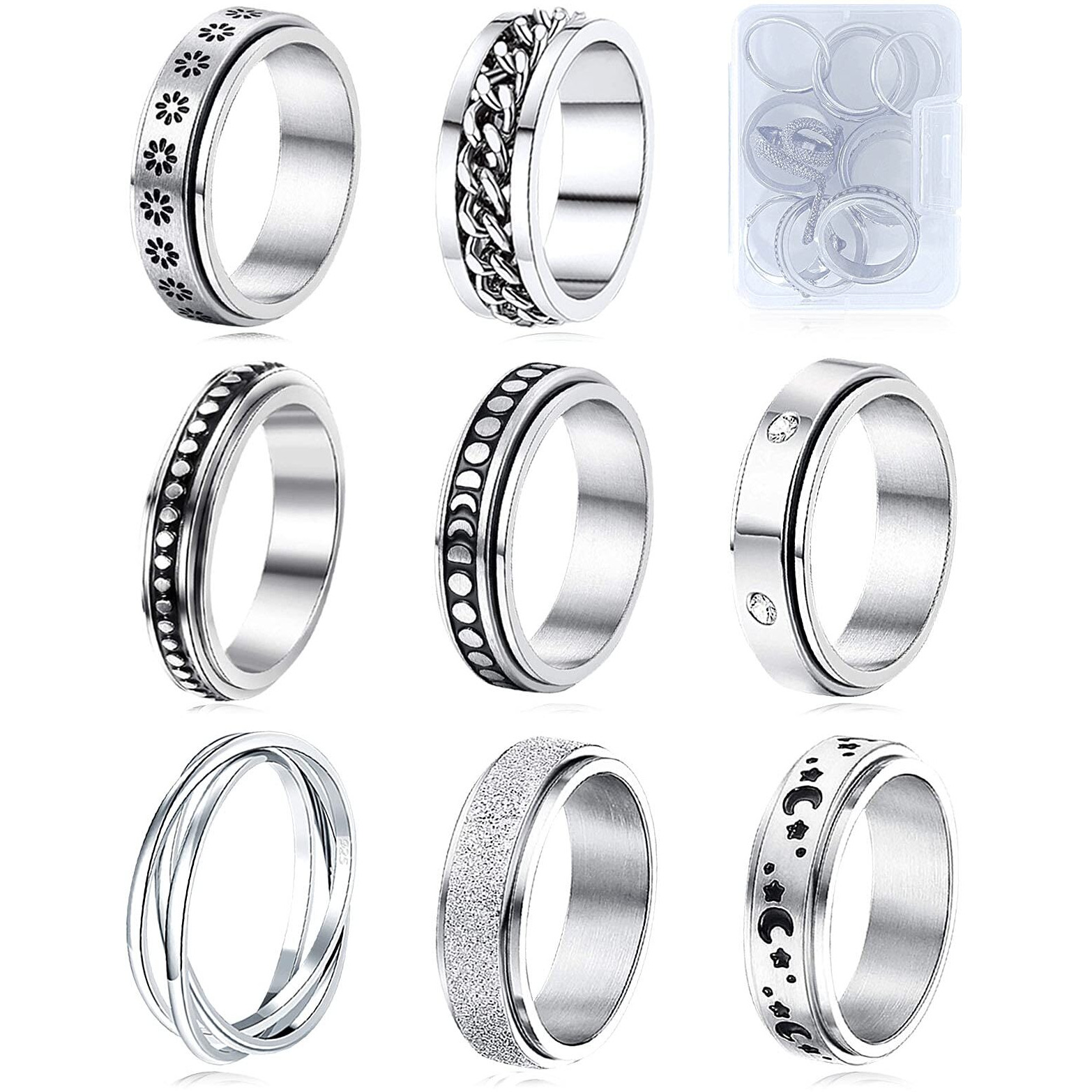Mucal Fidget Rings For Anxiety 8Pcs Stainless Steel Spinner Ring Anti Anxiety Ring Spinning Moon Star Cool Stress Relieveing Rings For Women Men