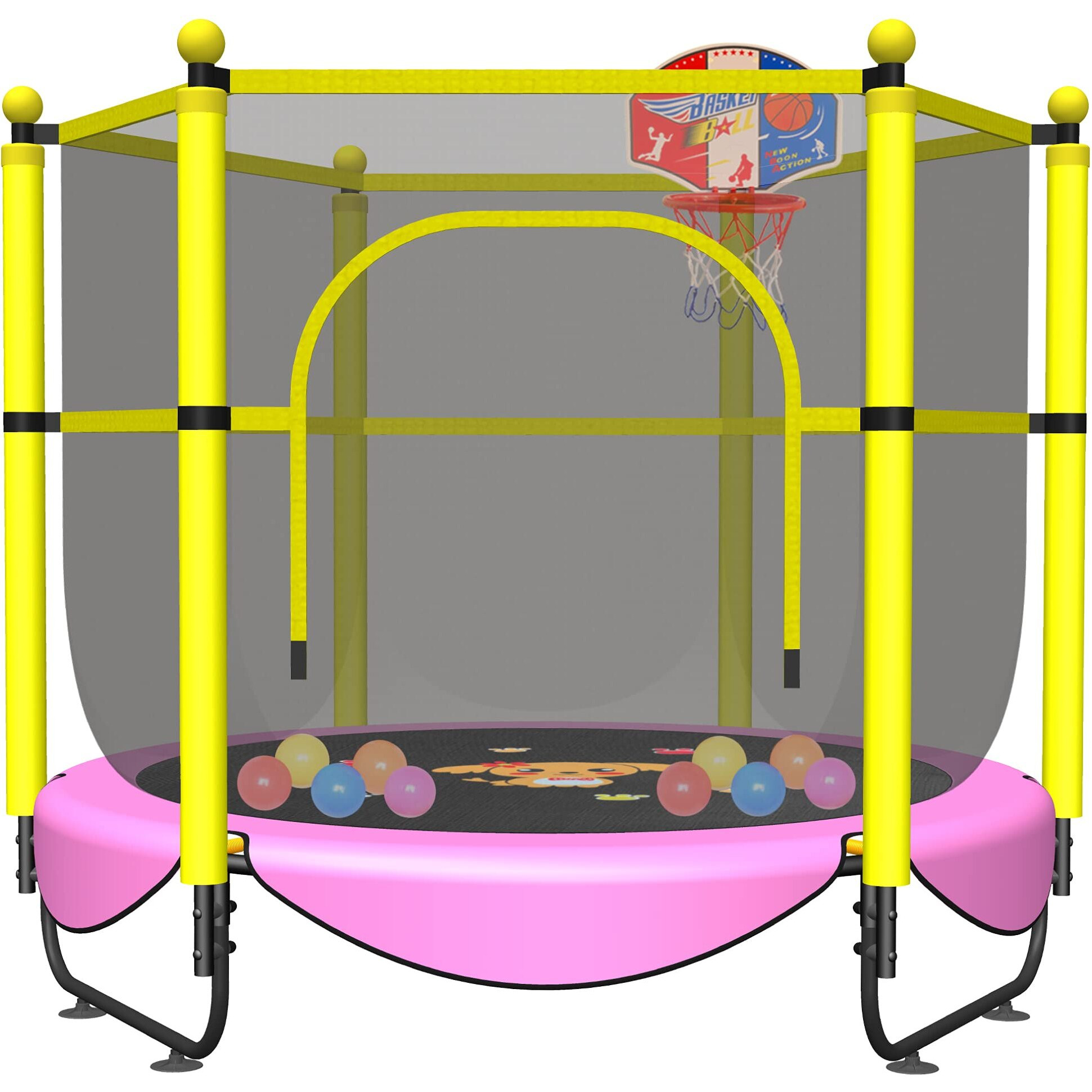 60"" Trampoline For Kids, 5 Ft Toddler Baby Trampoline With Safety Enclosure Net, Indoor Or Outdoor Pink Small Trampolines With Basketball Hoop, Birthday Gifts For Kids, Gifts For Girl Age 1-8