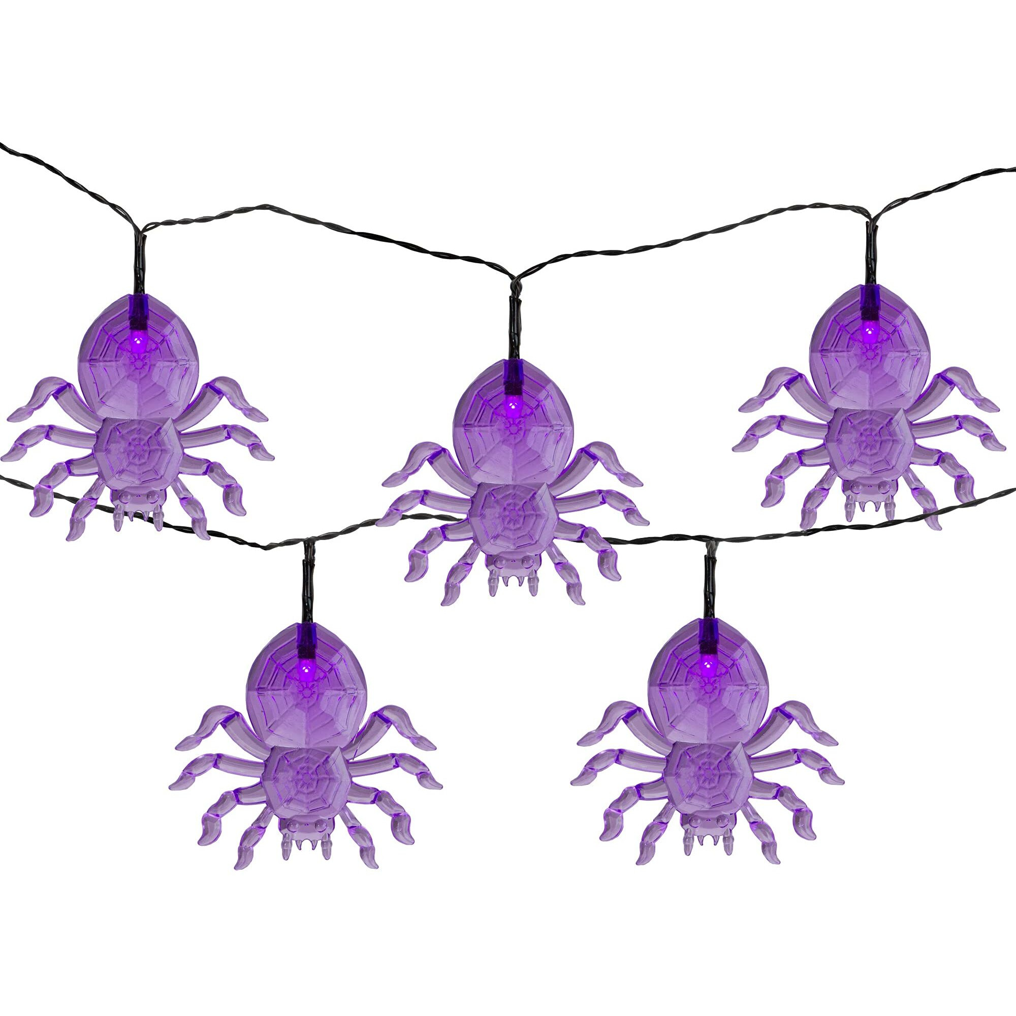 Northlight 10Ct Purple Battery Operated Led Spider Halloween Lights - 46 Ft Black Wire