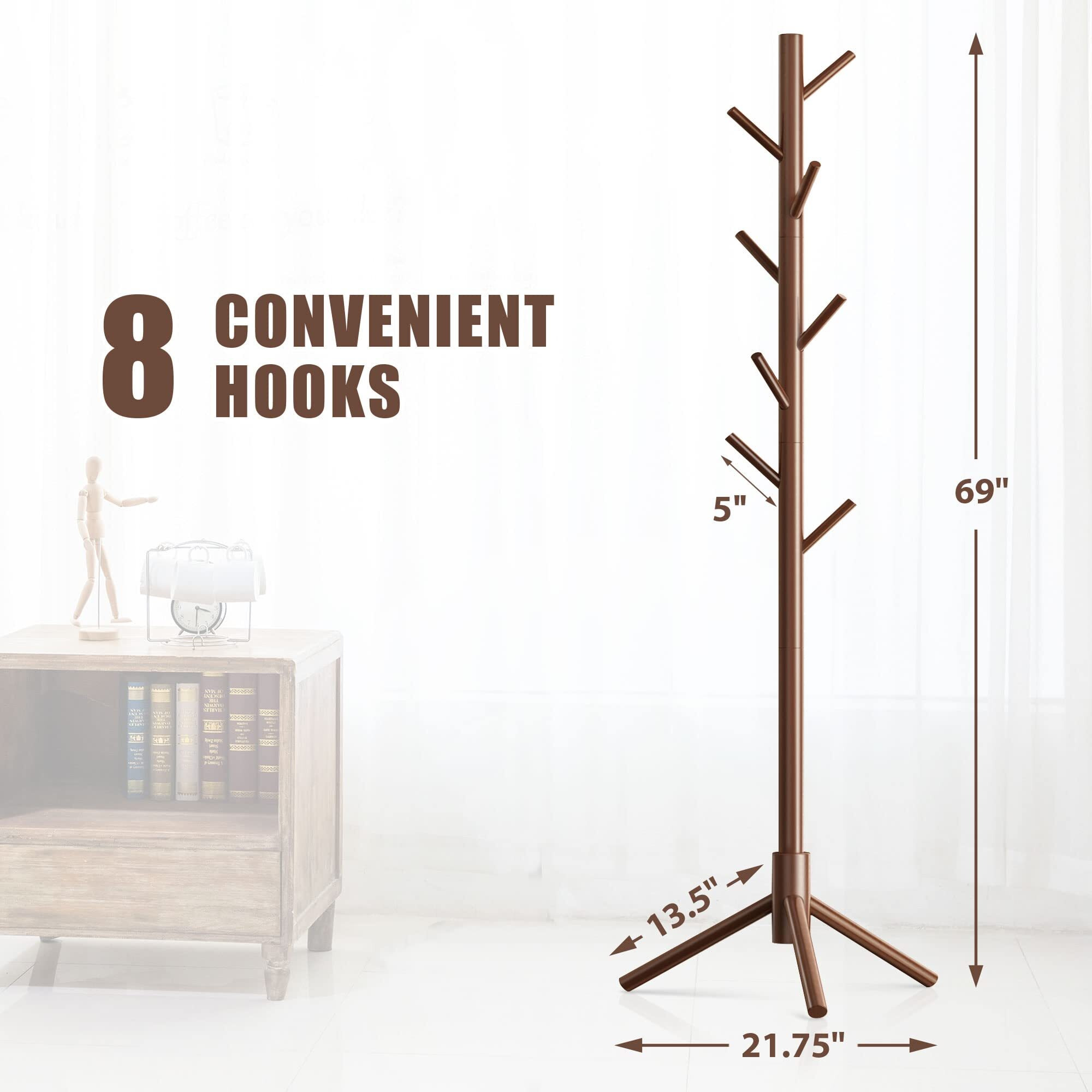 Haddockway Wooden Coat Rack Stand With 8 Hooks New Zealand Pine 3 Adjustable Coat Standing Tree Easy Assembly For Coats, Hats, Scarves And Handbags For Entryway, Hallway, Bedroom, Office